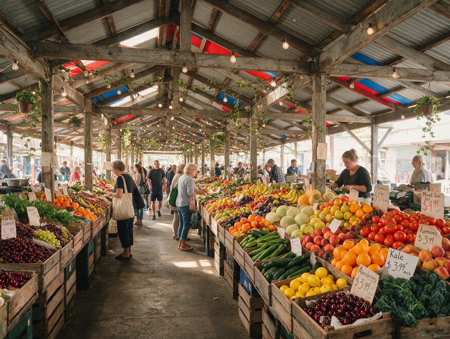 Covered market shed with wooden crates of fresh produce, similar to Melbourne's Queen Victoria Market