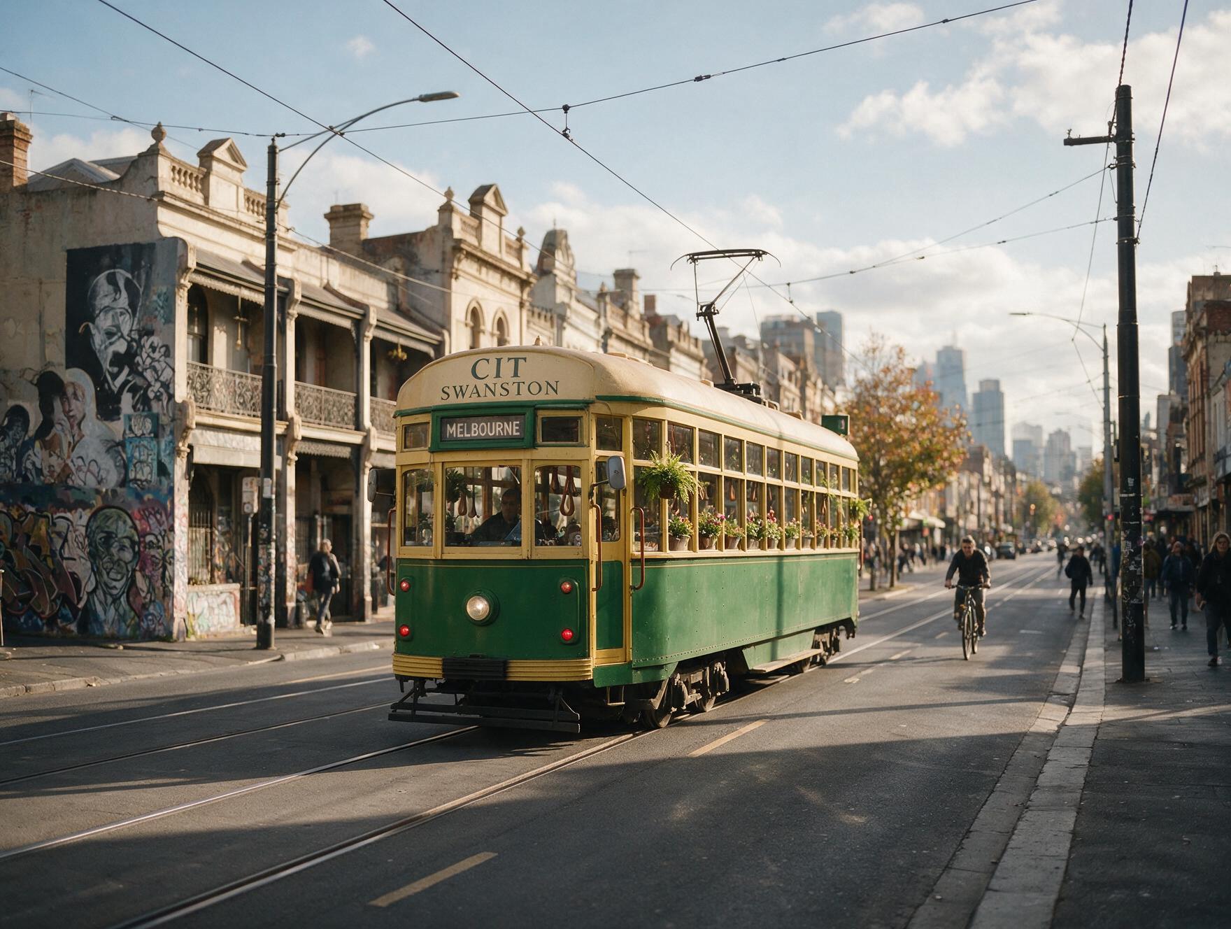 A Melbourne heritage tram running past terrace buildings and street art on an inner-city street