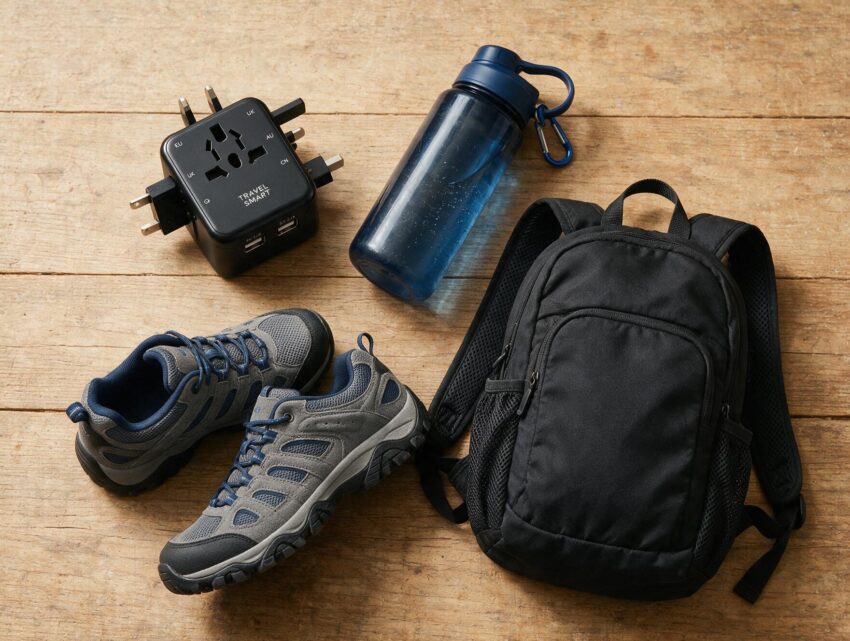 Travel essentials flat lay including power adapter, water bottle and walking shoes