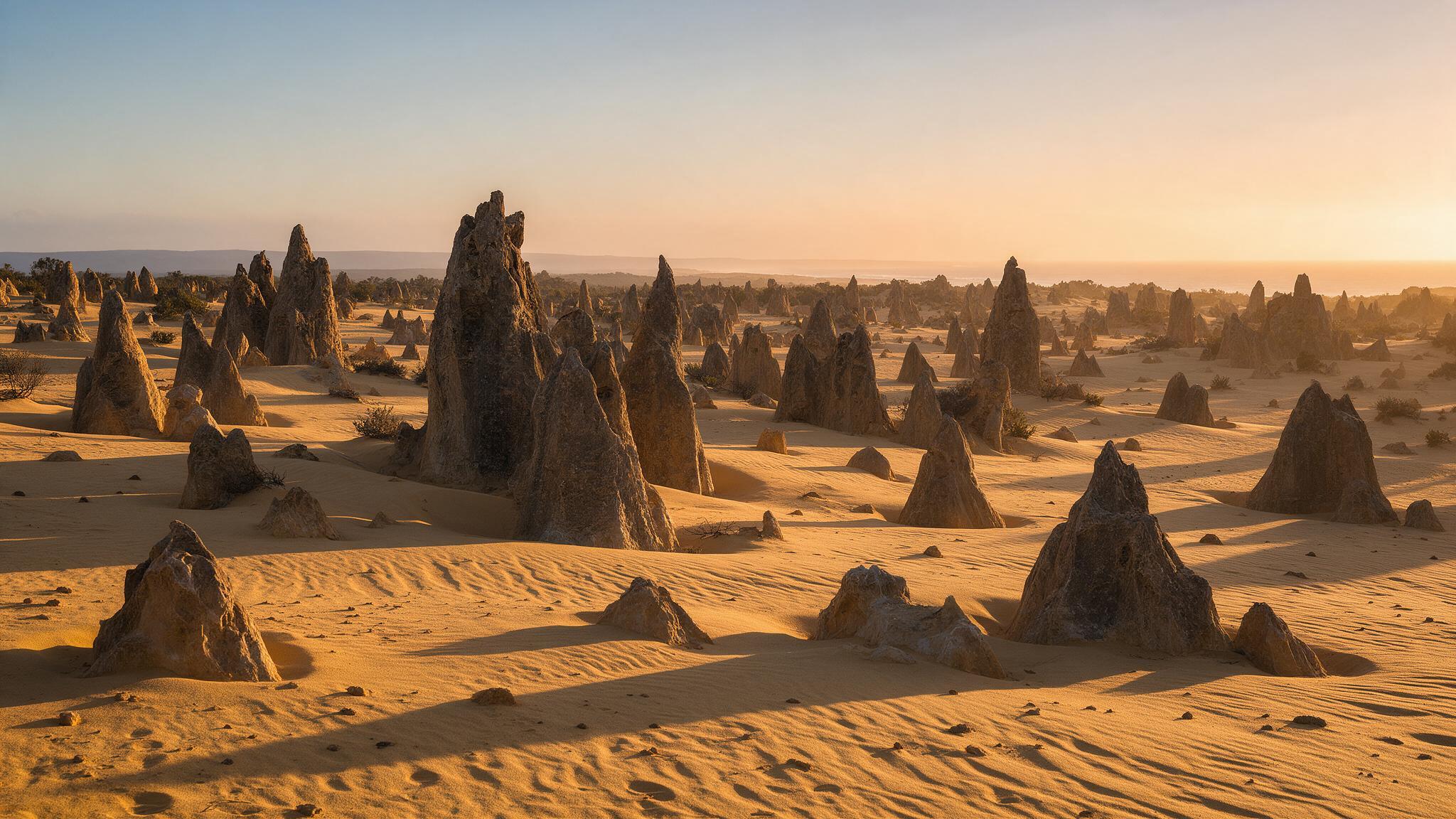 Golden hour light casting long shadows across the limestone spires of the Pinnacles Desert