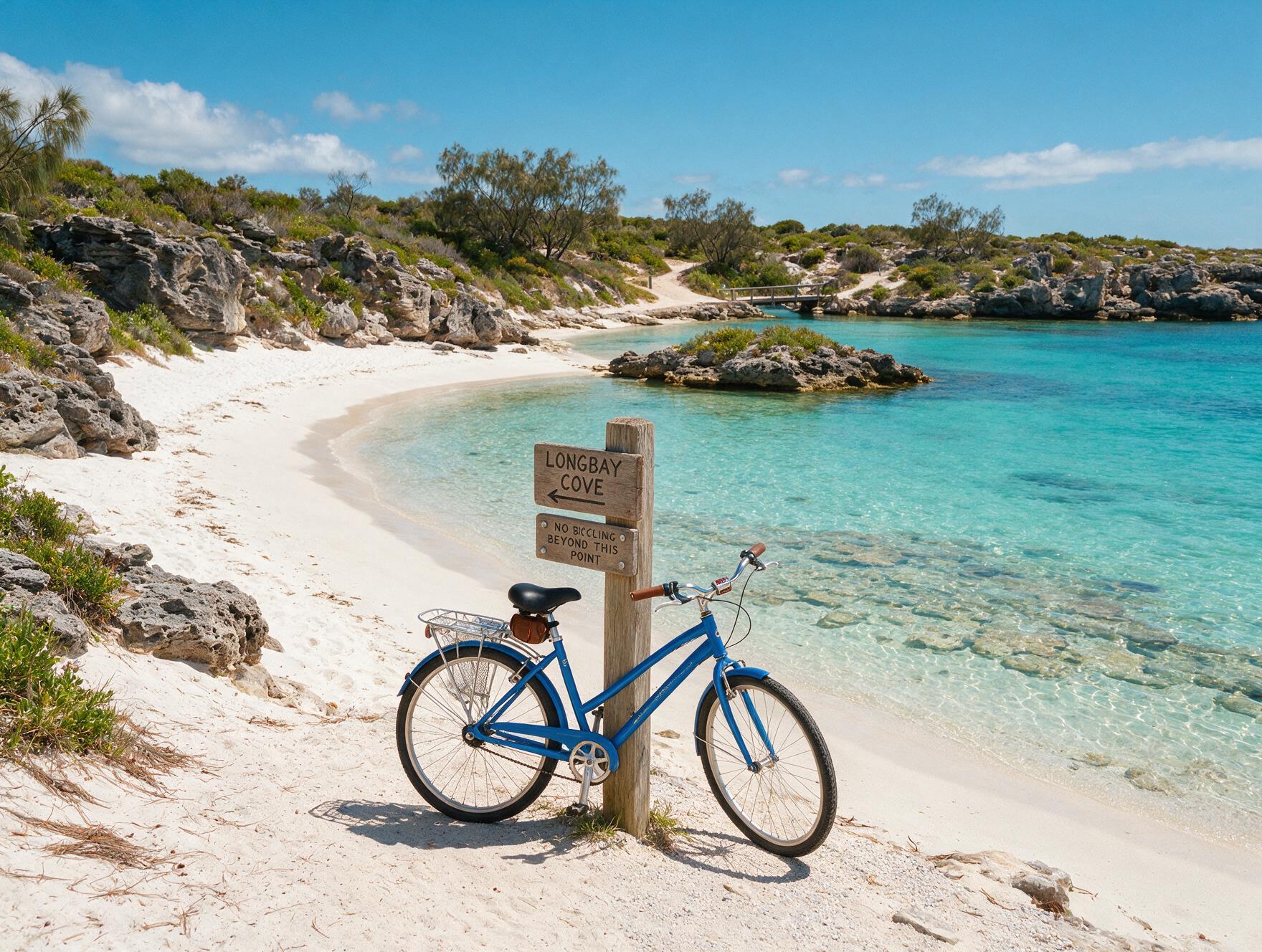 A quiet turquoise cove with white sand and limestone outcrops on Rottnest Island