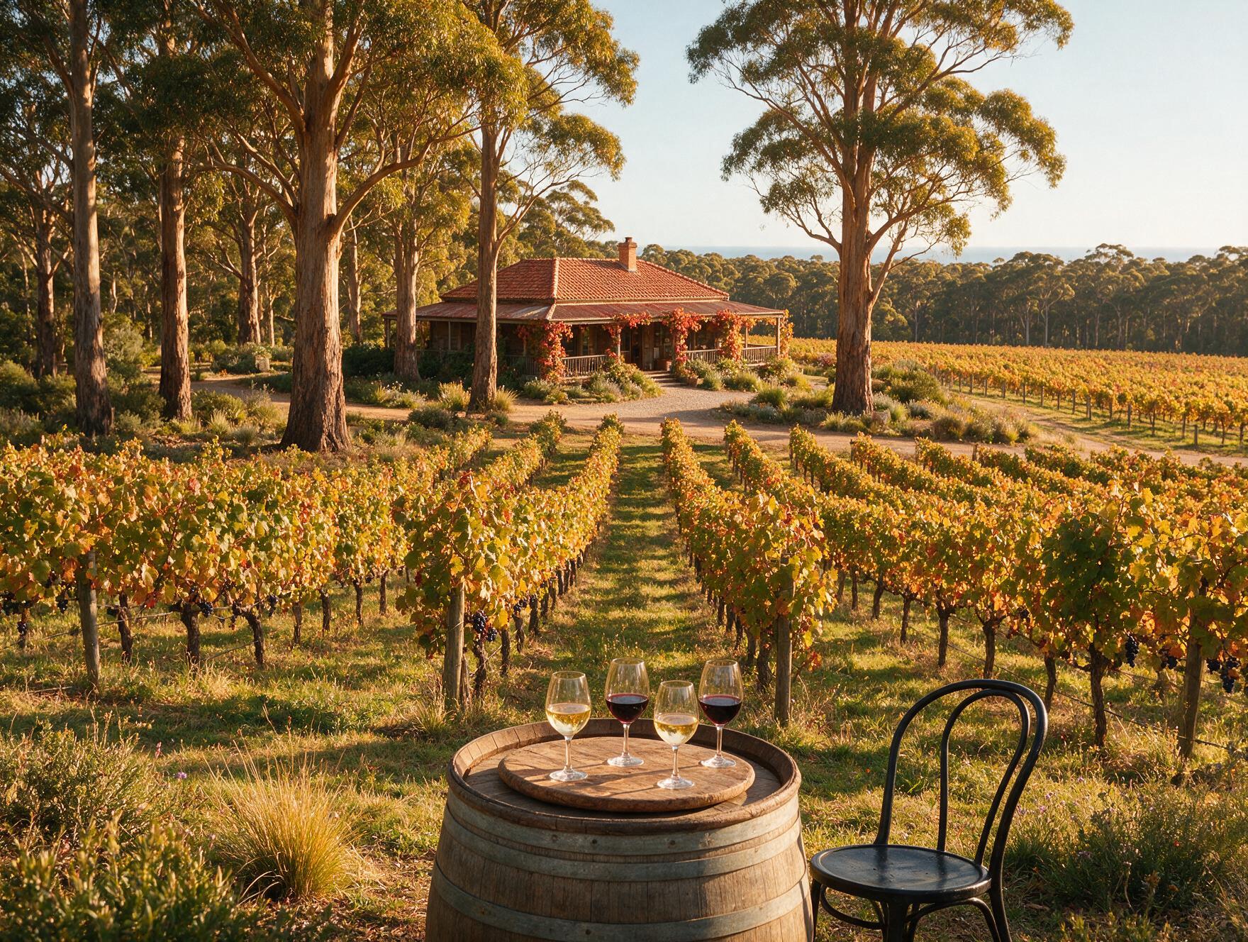 Rows of vineyards under tall trees with a rustic cellar door building at Margaret River, Western Australia