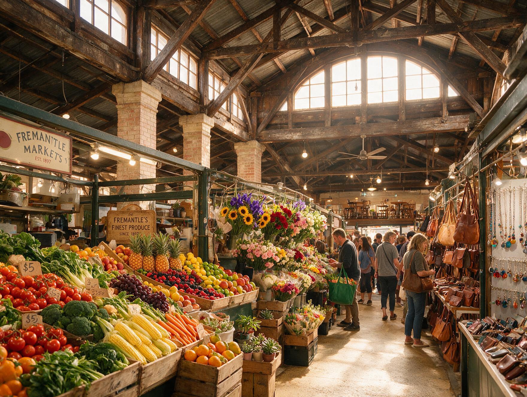 Fresh produce and craft stalls inside the historic timber-roofed Fremantle Markets hall
