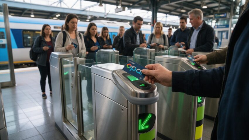 Sydney Opal card tapping on at a train station gate