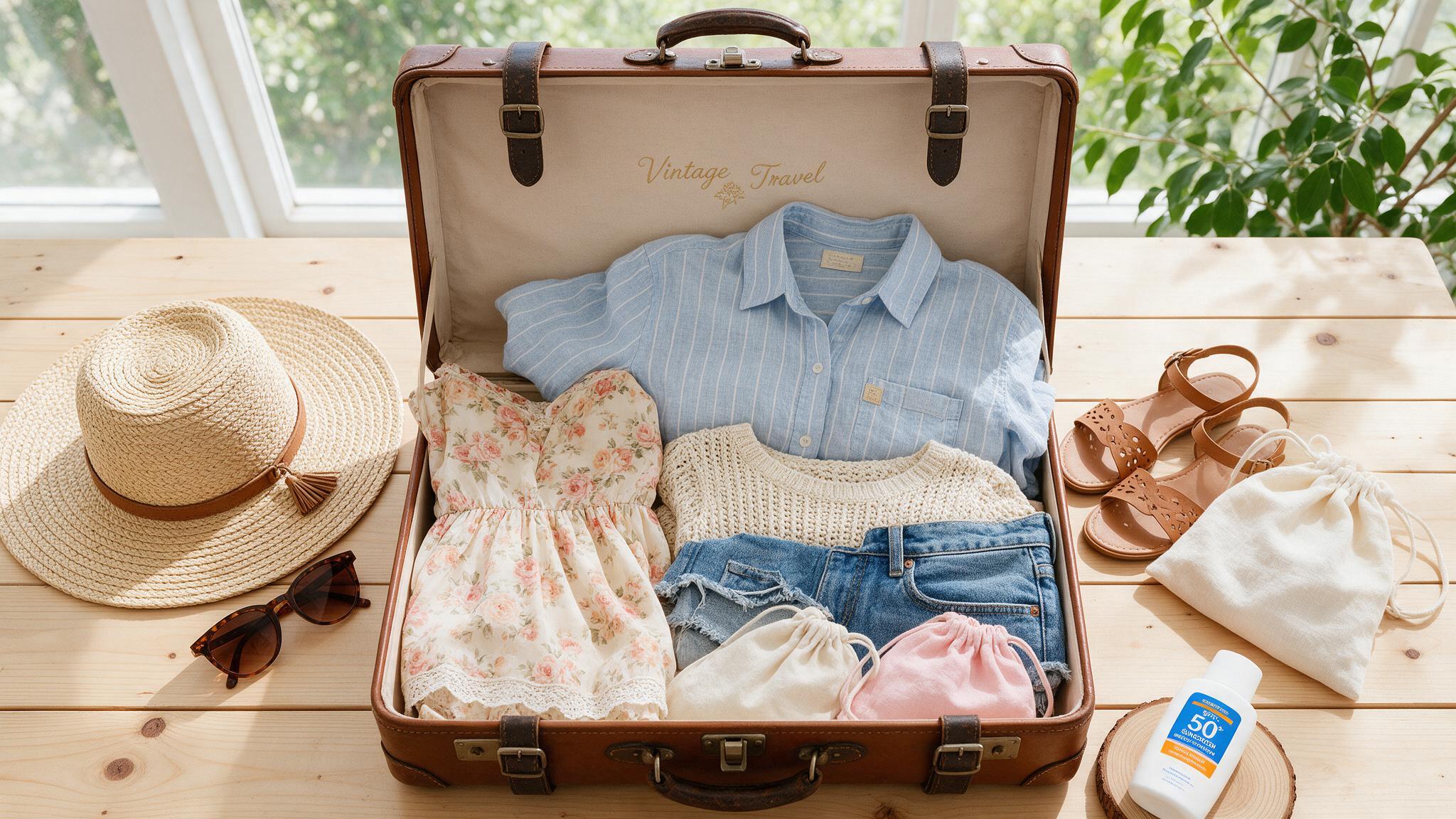 Traveler packing summer clothes, hat and sunscreen into a suitcase for Australia