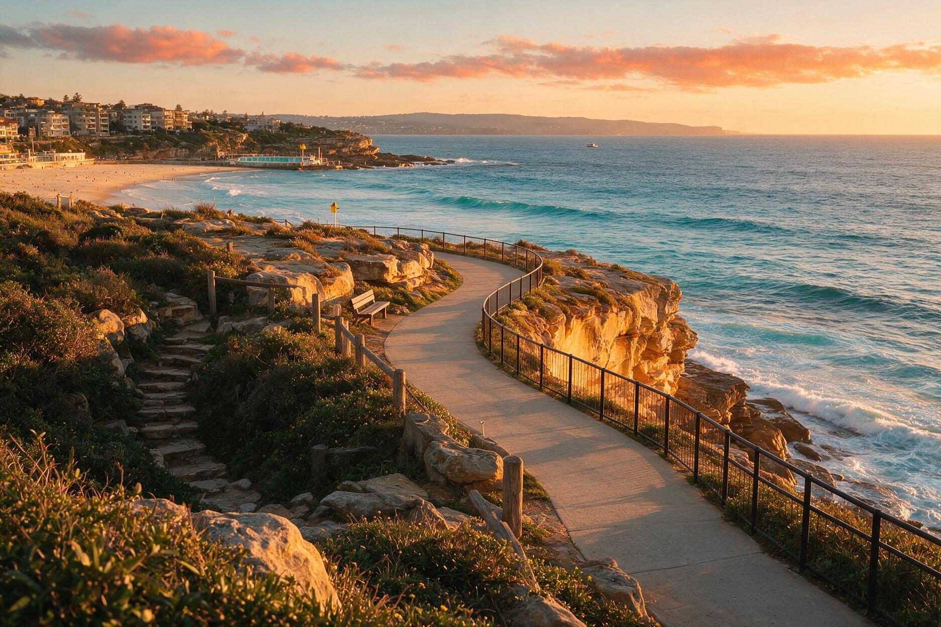 Clifftop coastal walking path between Bondi and Bronte beaches with turquoise ocean water below