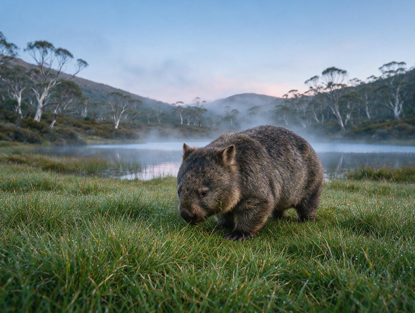 A wild wombat grazing at dusk near Lake Dobson in Mount Field National Park, Tasmania