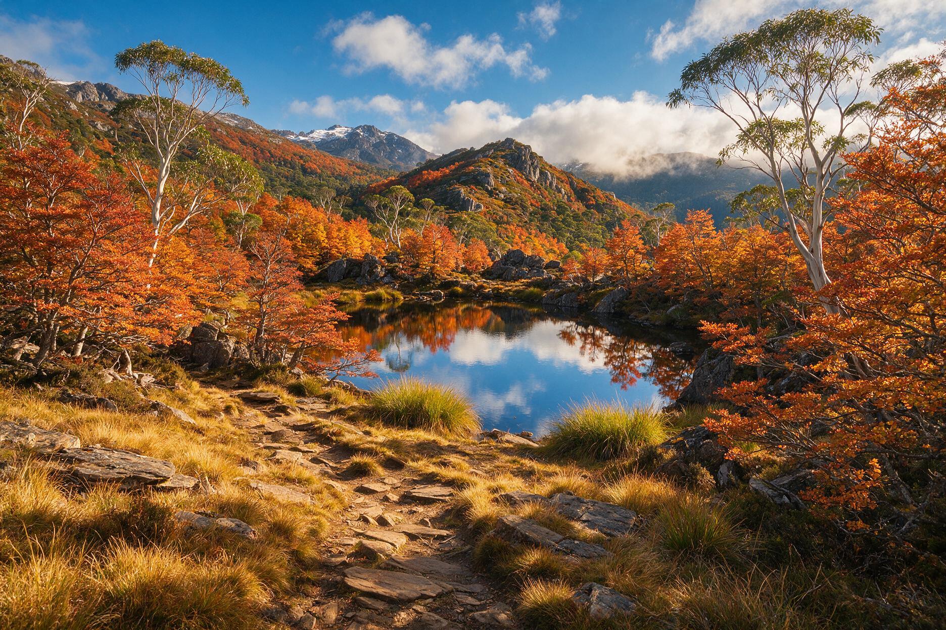 Glacial tarn and alpine moorland lined with copper-coloured fagus trees along the Tarn Shelf track in Mount Field National Park Tasmania
