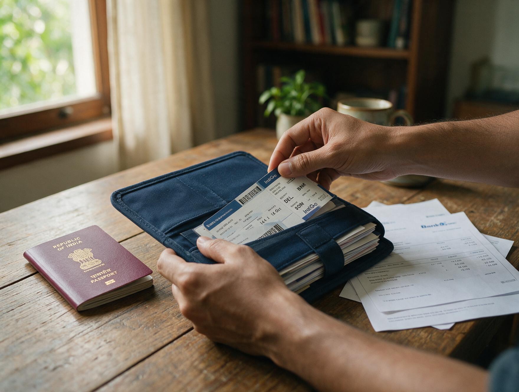 Traveler organizing passport, bank statements and boarding pass for an Australia tourist visa application
