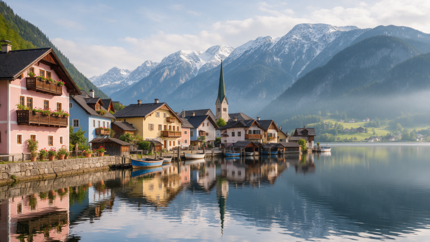 Hallstatt village on Lake Hallstatt in Austria with alpine mountains behind, pastel houses reflected in still water