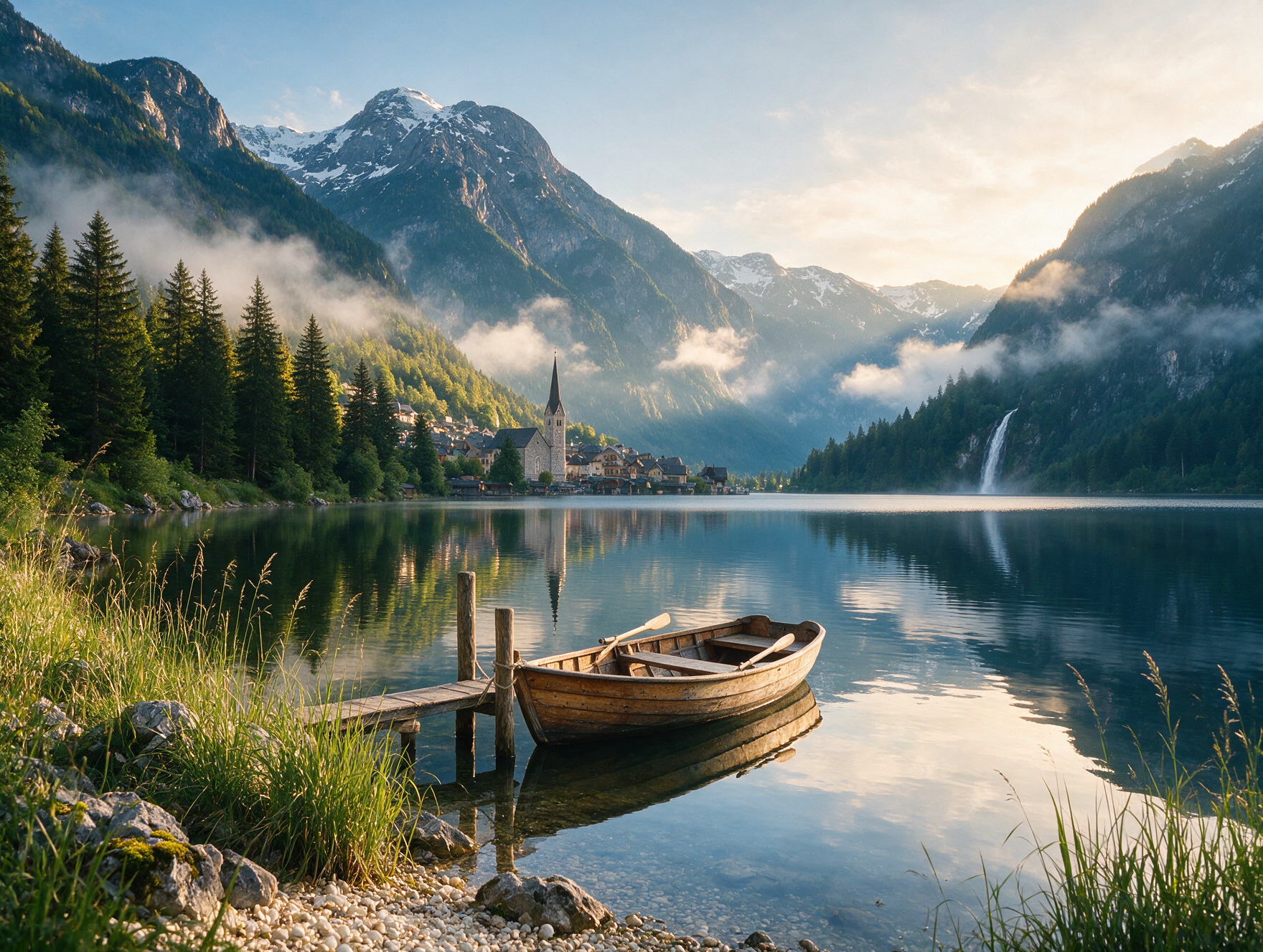 A quiet lakeside spot in Hallstatt with a small wooden boat docked on calm water