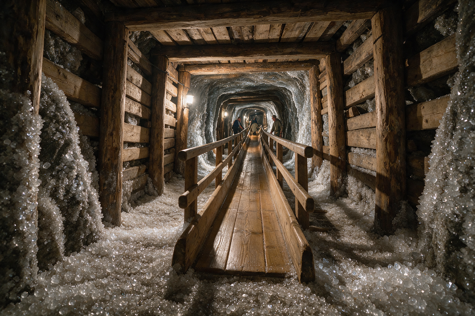 Illuminated underground tunnel inside the Hallstatt Salzwelten salt mine with a wooden miners slide