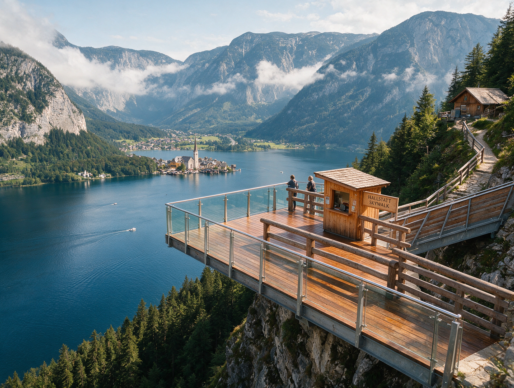 Hallstatt Skywalk viewing platform with a panoramic view over the village and lake below