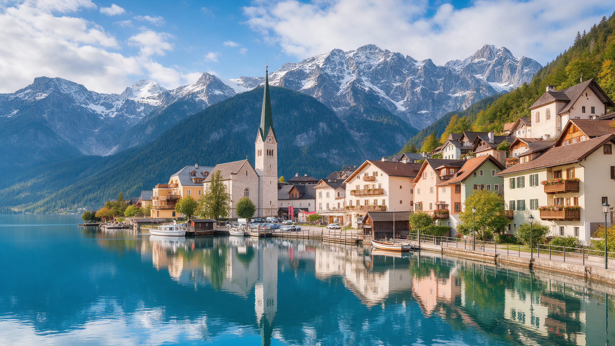 Iconic view of Hallstatt village on the lakeshore with the Alps rising behind it
