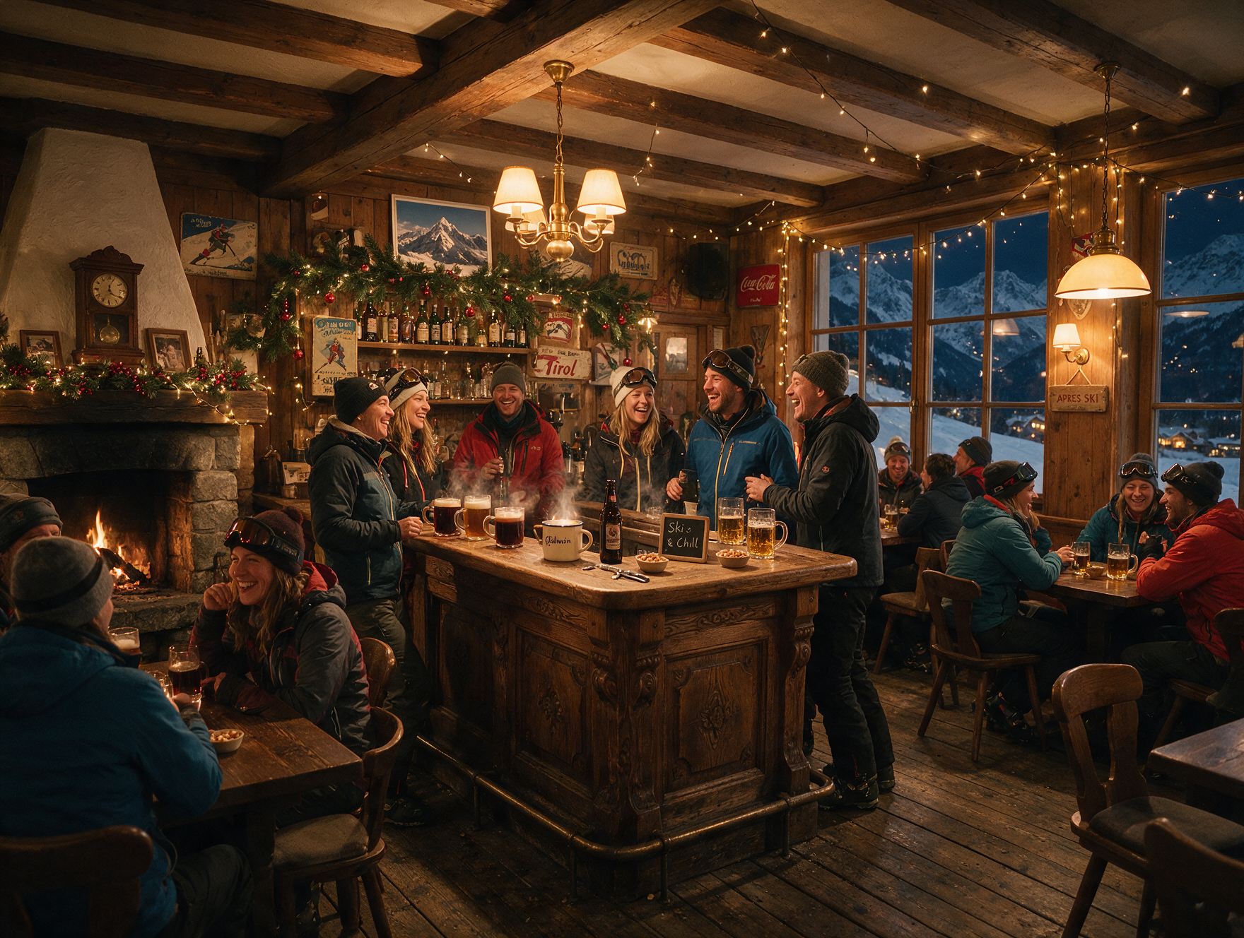 Cozy Tyrolean apres-ski bar interior in Innsbruck with warm lighting and skiers relaxing