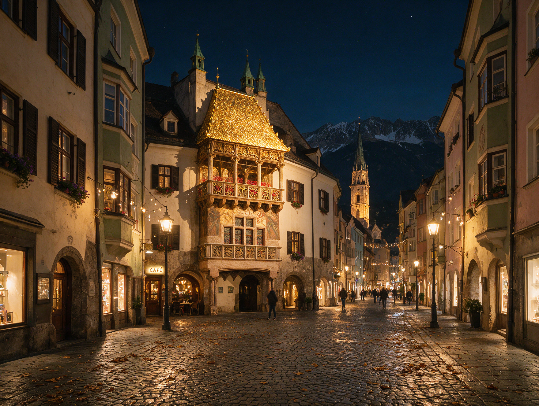 Innsbruck old town at night with the Golden Roof illuminated on a historic building