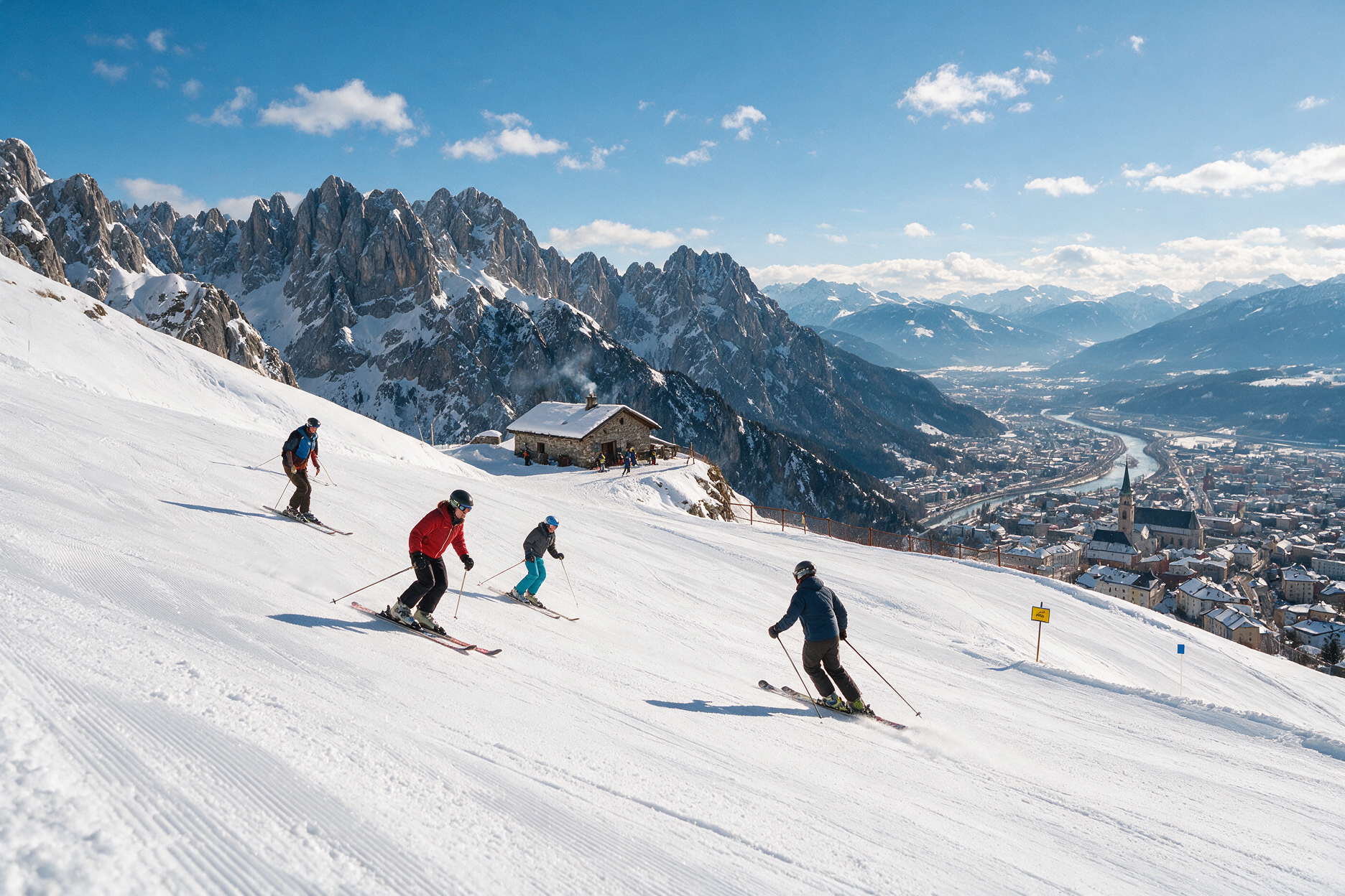 Skiers descending a groomed slope on the Nordkette above Innsbruck with the city and valley visible far below