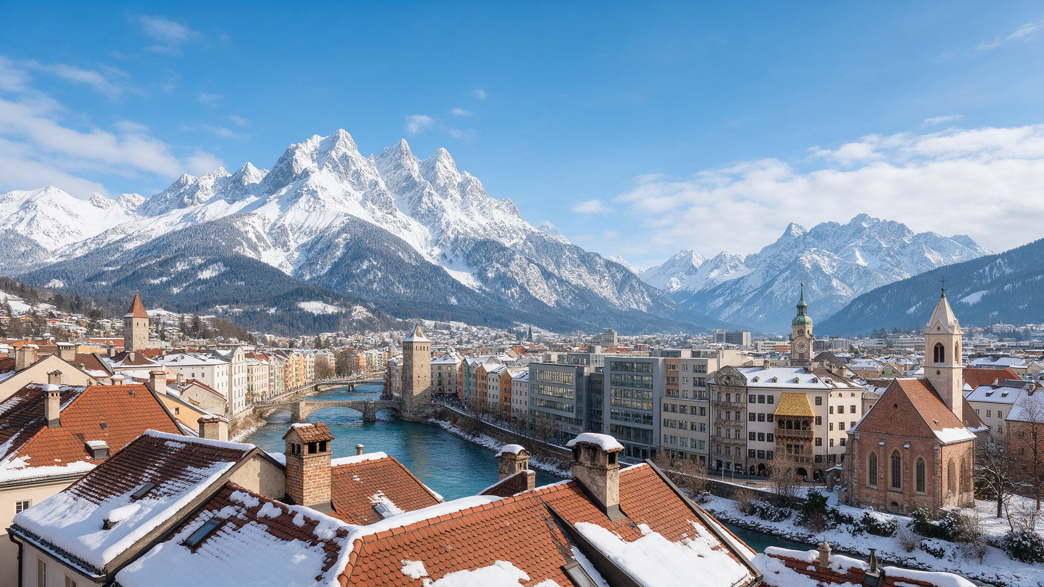 Innsbruck city skyline with the snow-capped Nordkette mountain range directly behind it