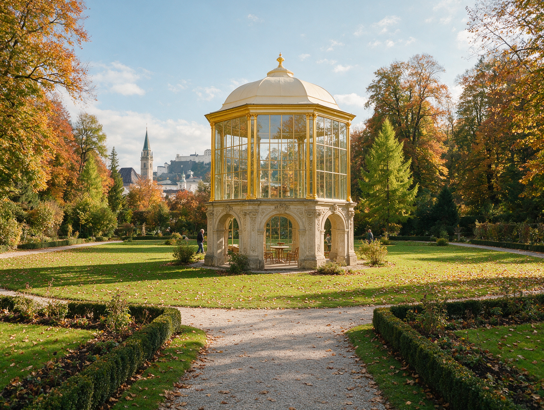 The glass gazebo at Hellbrunn Palace near Salzburg surrounded by autumn trees