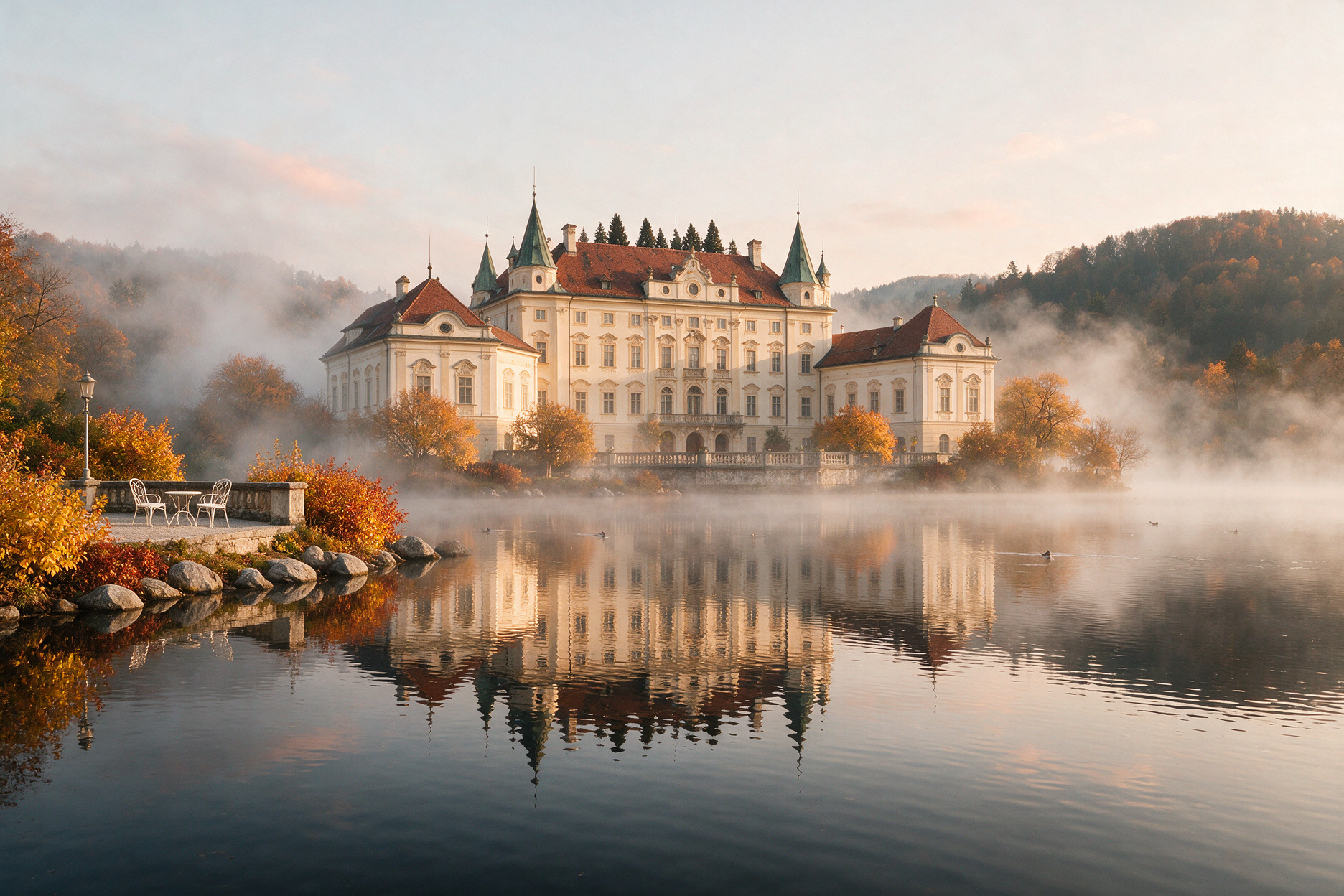 Leopoldskron Palace reflected in its lake near Salzburg on a still morning