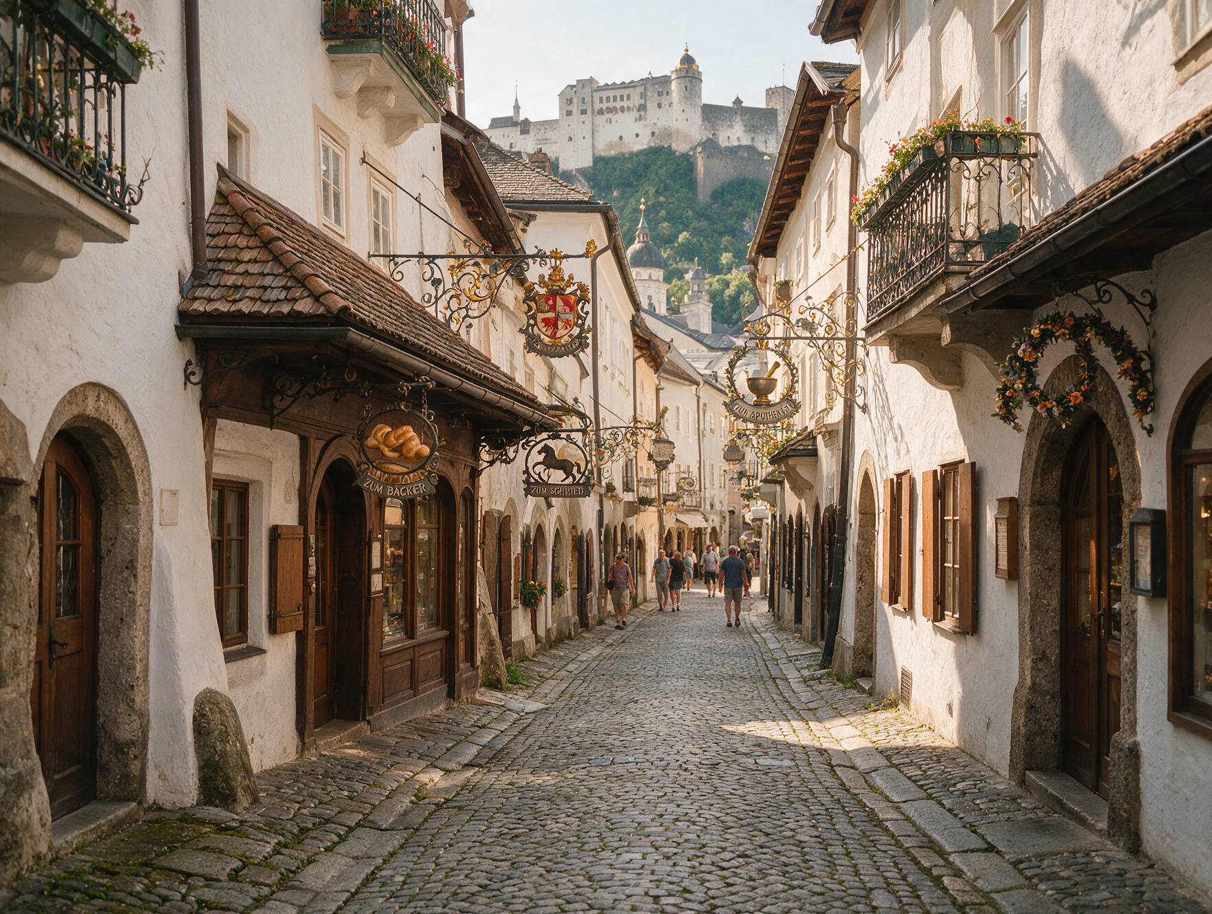 Narrow cobblestone alley in Salzburg's old town with wrought iron guild signs and Hohensalzburg Fortress at the end of the street