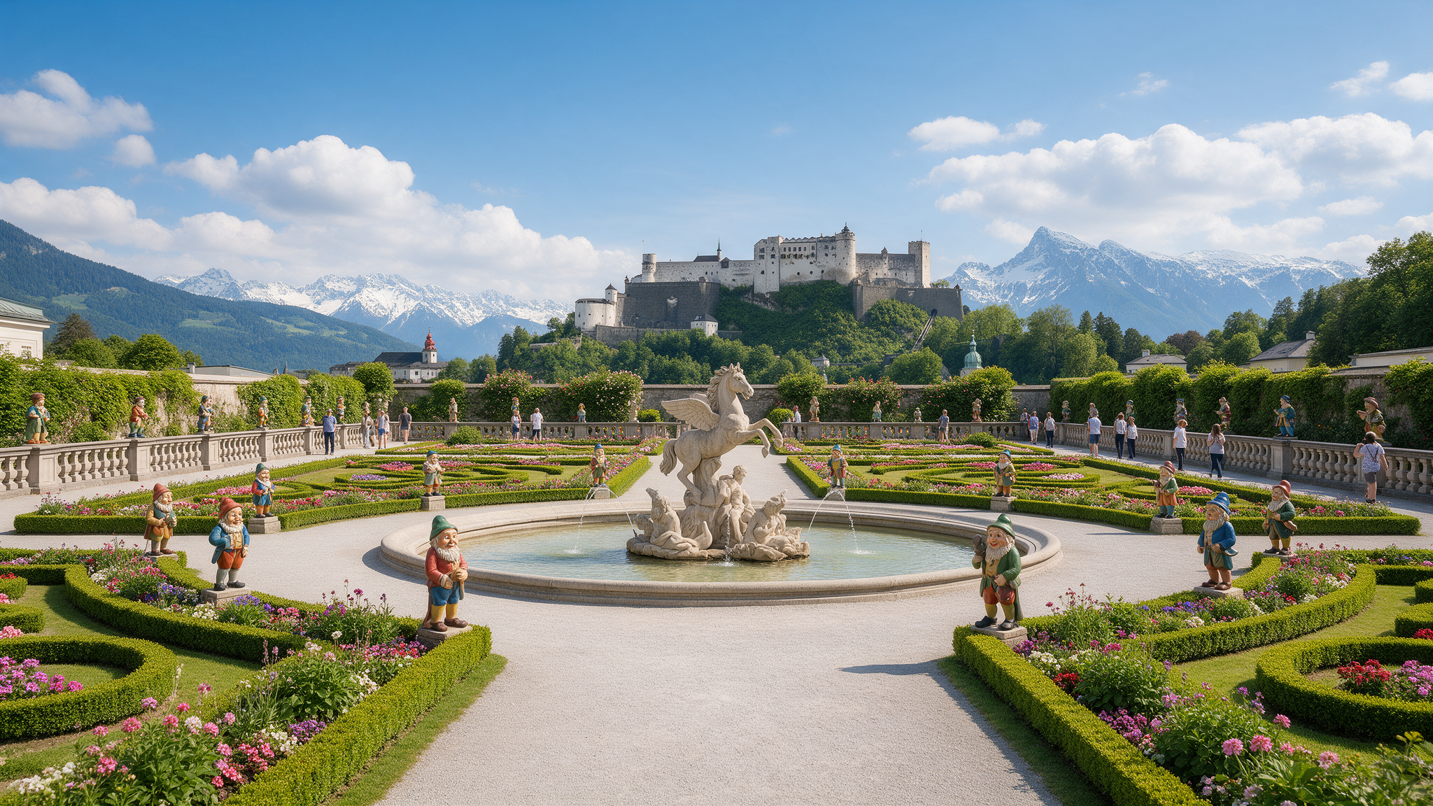 Mirabell Gardens with the Pegasus fountain and Hohensalzburg Fortress on the hill behind, Salzburg