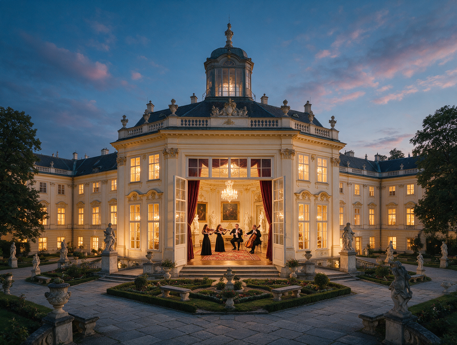 Schönbrunn Palace illuminated at dusk with warm light glowing from the concert hall windows