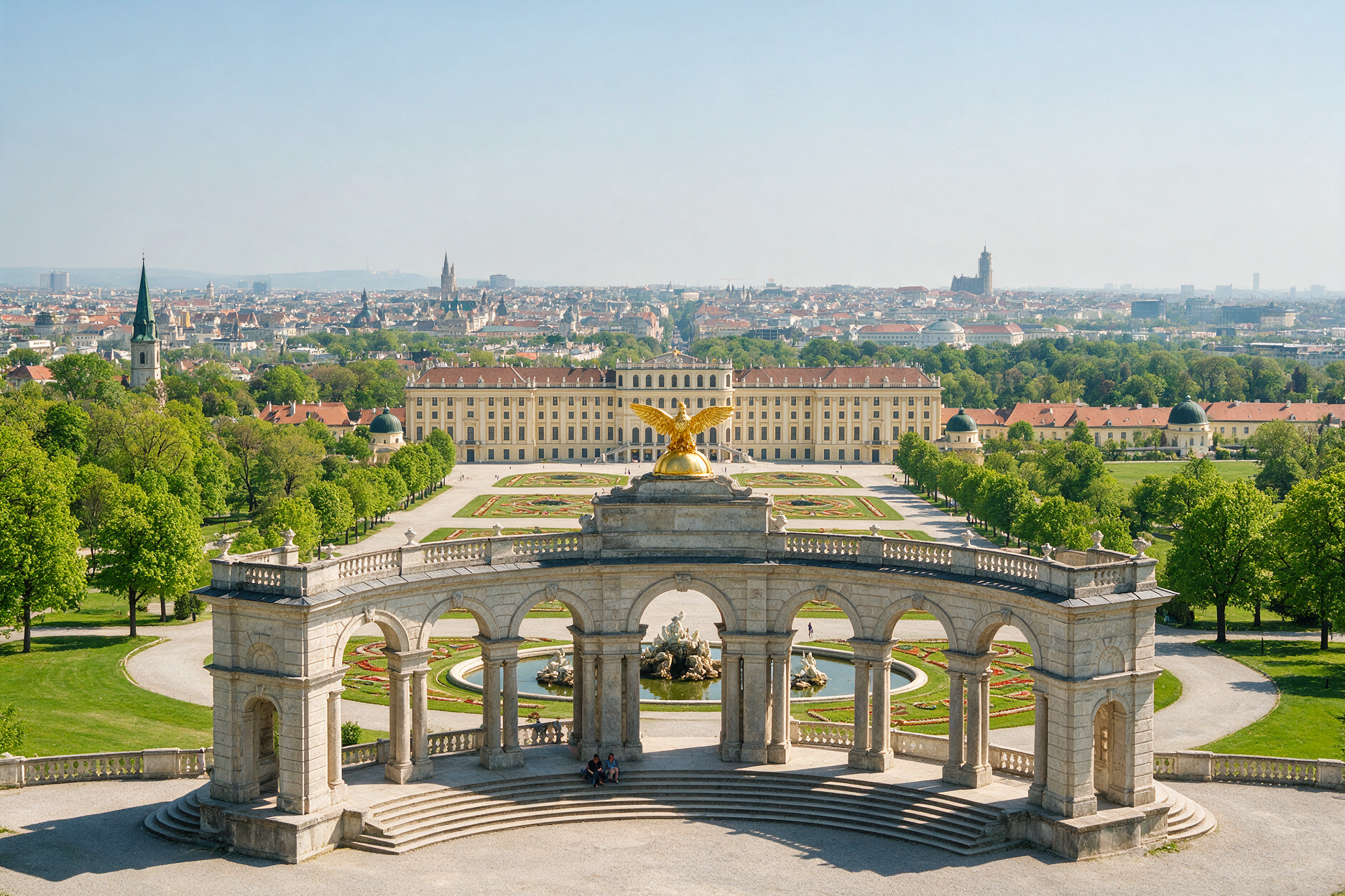View from the Gloriette terrace down over Schönbrunn's gardens toward the Vienna skyline