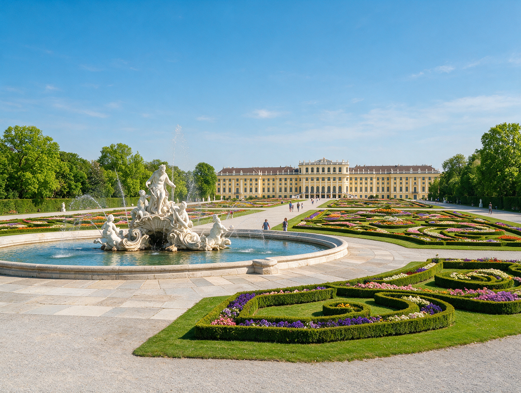 Neptune Fountain and manicured parterre gardens at Schönbrunn Palace with visitors walking the gravel paths