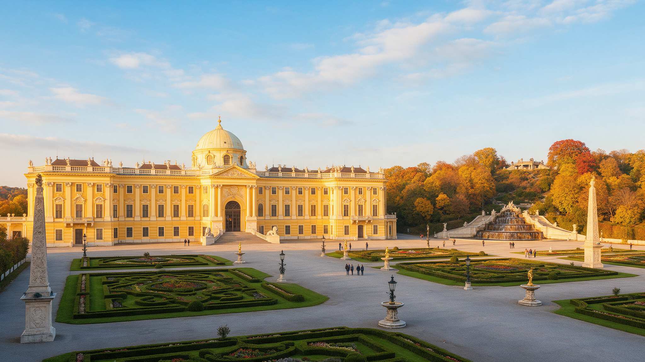 Schönbrunn Palace's yellow baroque facade seen across the formal gardens in early morning light