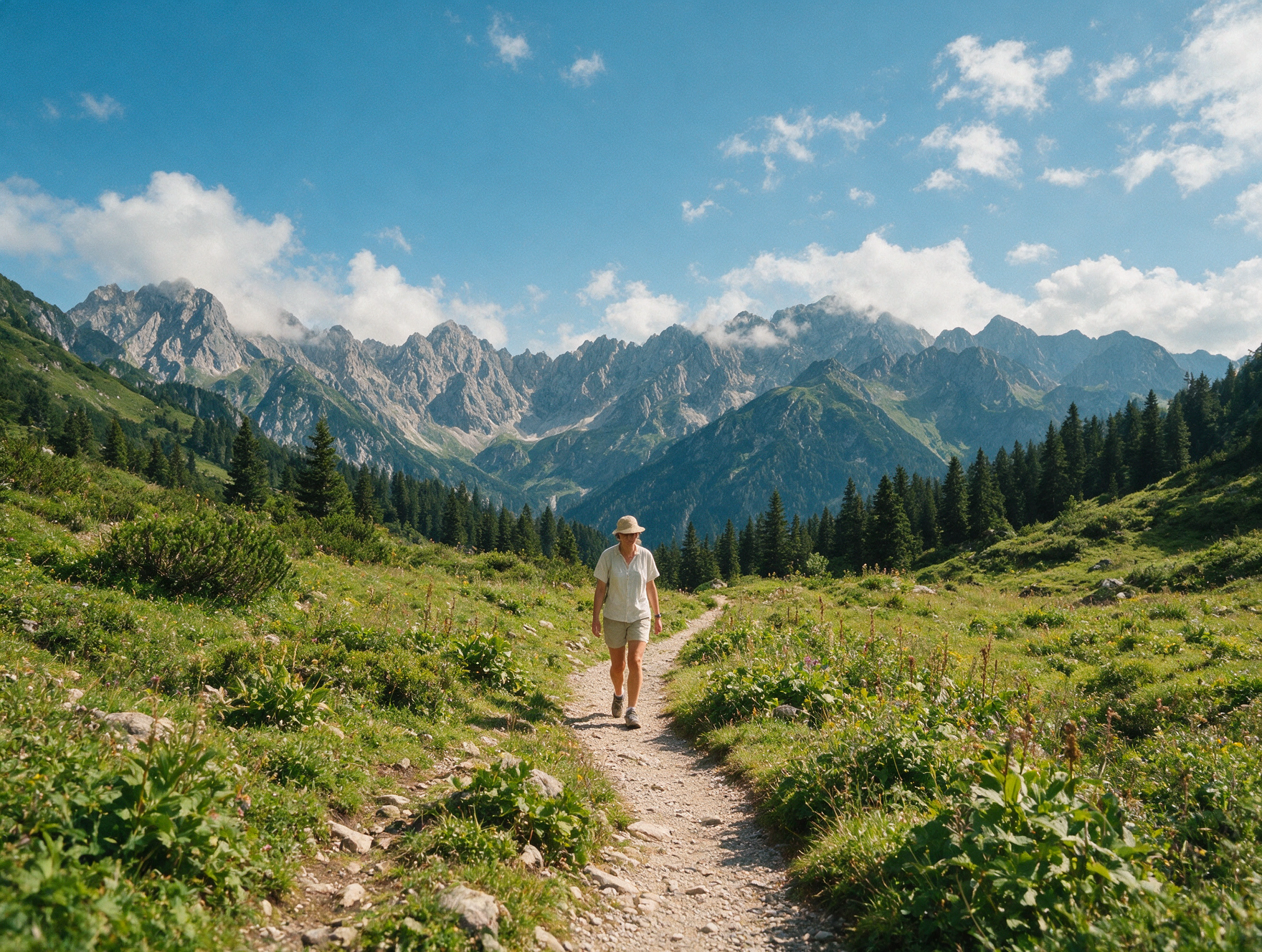 A traveler in light summer clothing walking on an alpine trail in Austria in summer