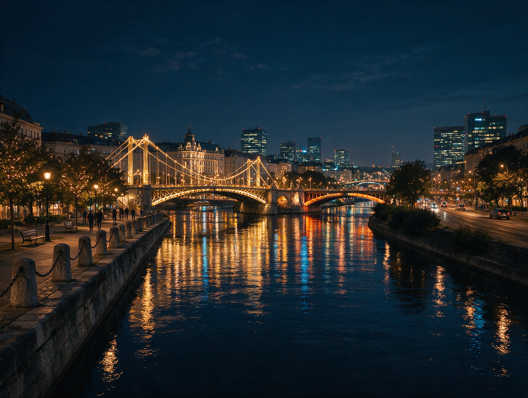 Danube Canal in Vienna at night with illuminated bridges reflected in the water
