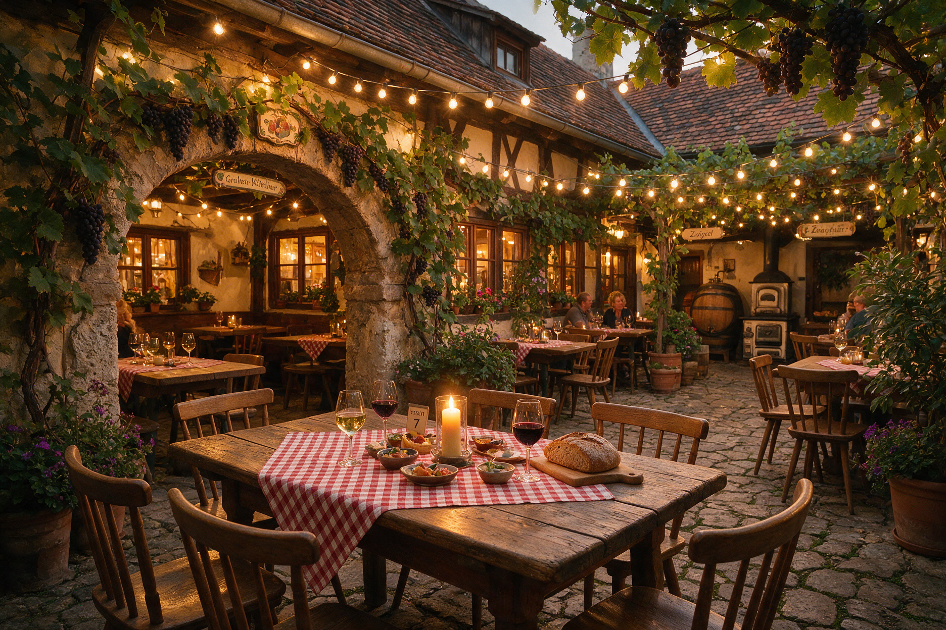 Cozy Viennese Heuriger wine tavern courtyard at night with string lights and wooden tables