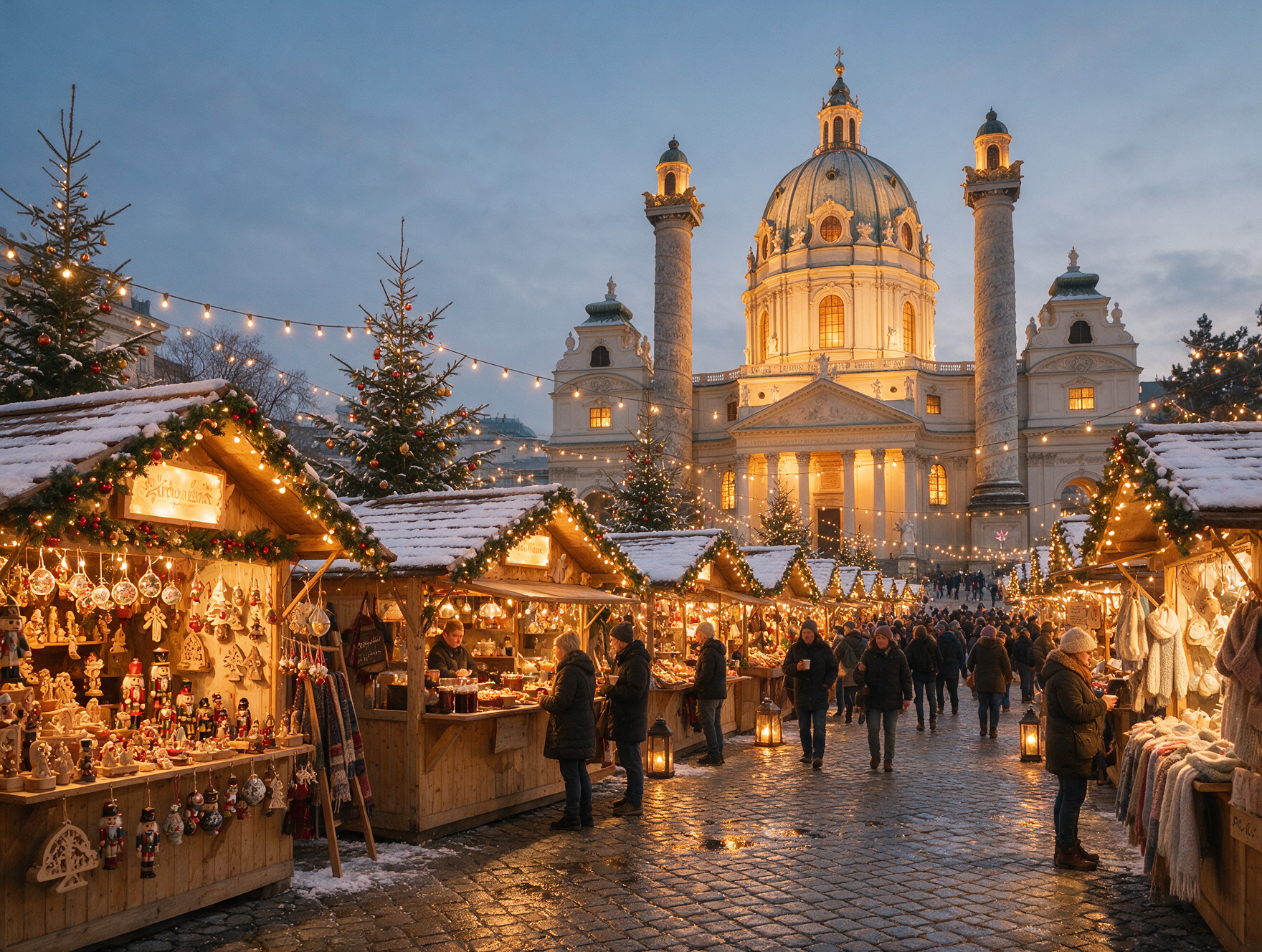 Karlsplatz Art Advent Christmas market in Vienna with the illuminated Karlskirche dome behind artisan stalls