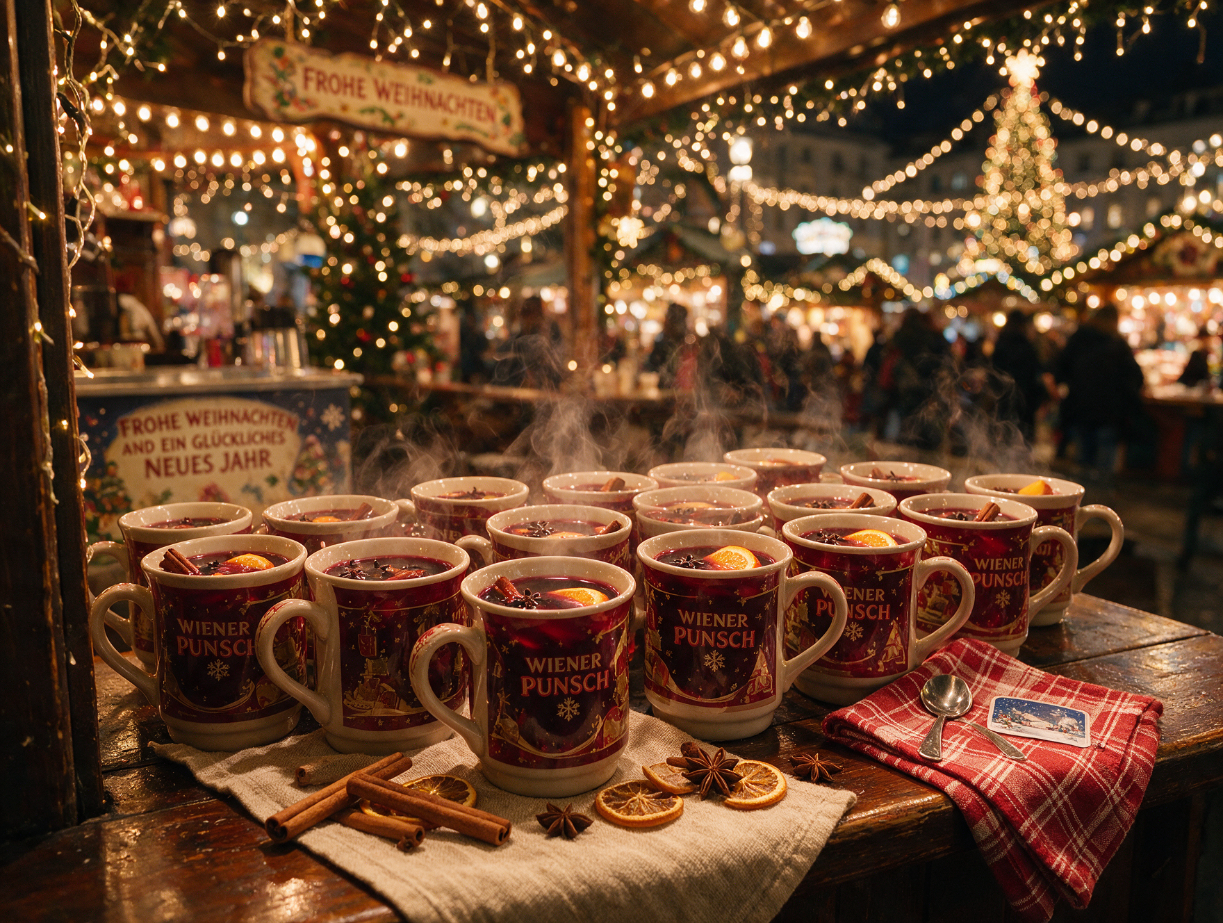 Steaming mugs of Punsch mulled wine at a Vienna Christmas market stall
