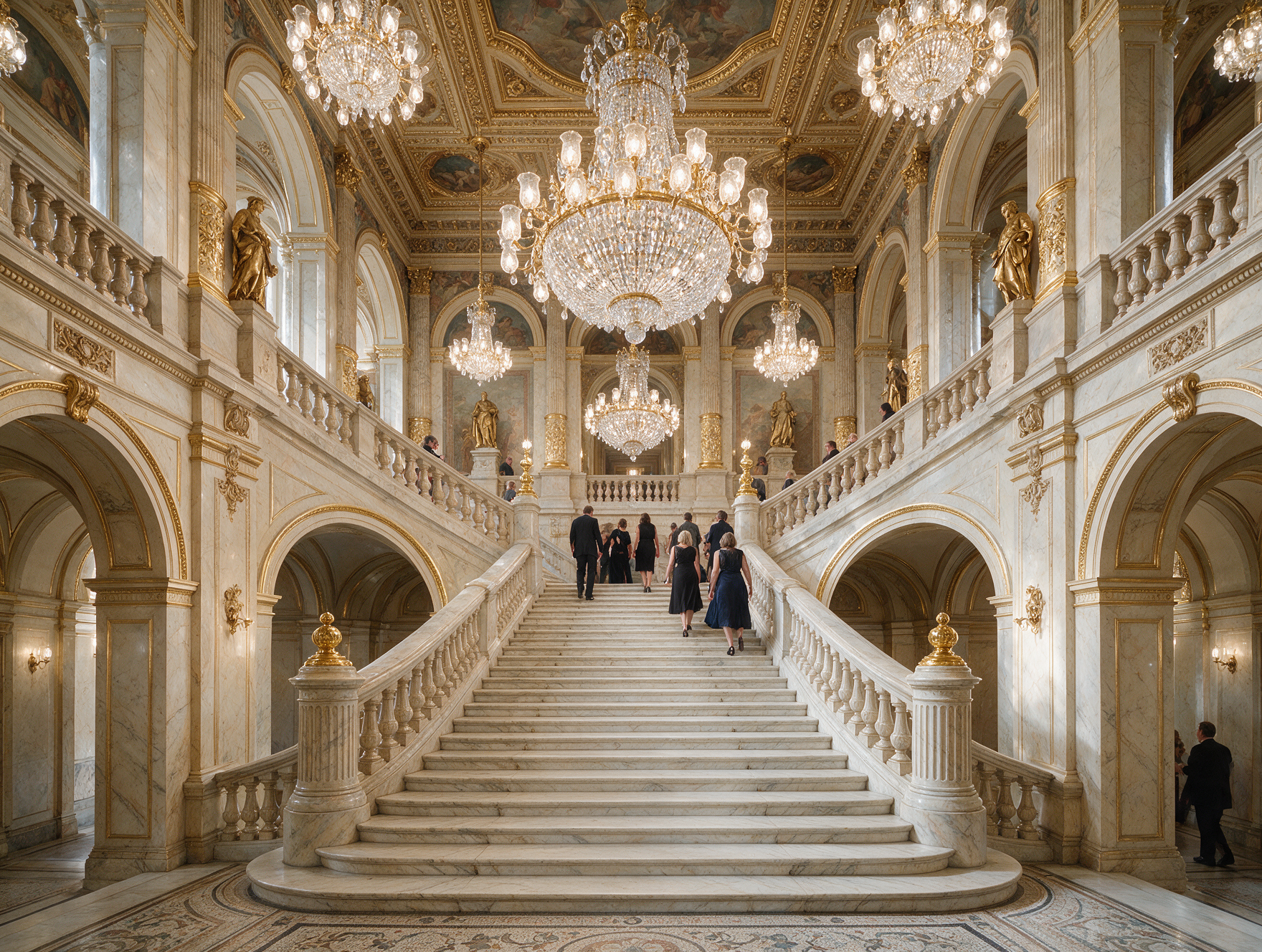 Grand marble staircase inside the Vienna State Opera with ornate chandeliers and opera patrons in evening dress
