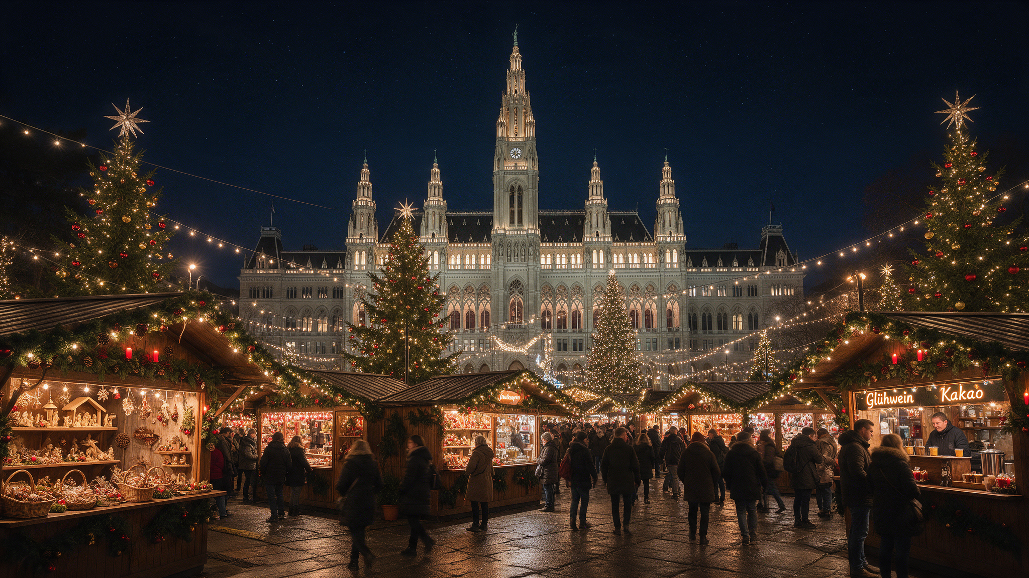 Vienna Rathausplatz Christmas market at night with the illuminated City Hall facade behind glowing stalls