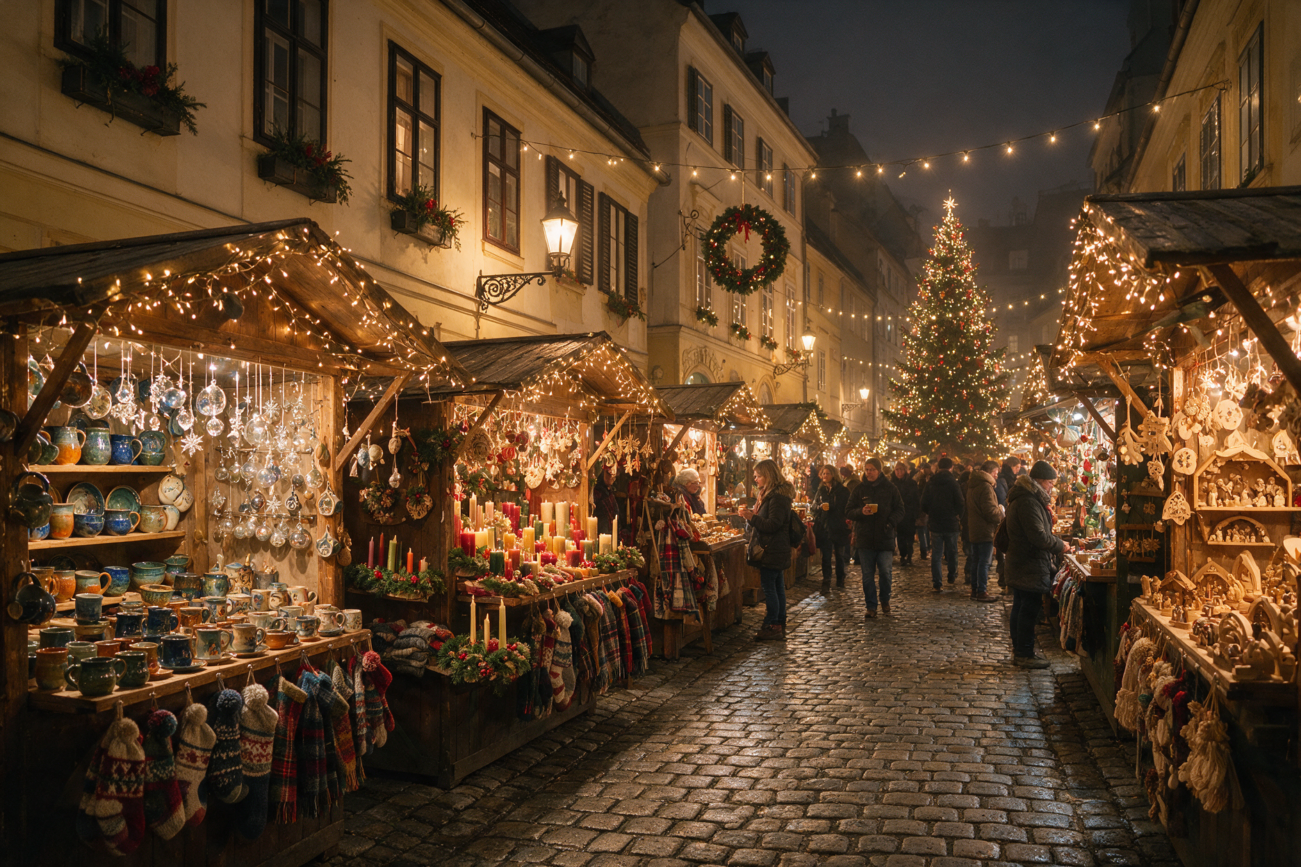 Spittelberg Christmas market in Vienna, cobblestone alley with small wooden stalls and string lights