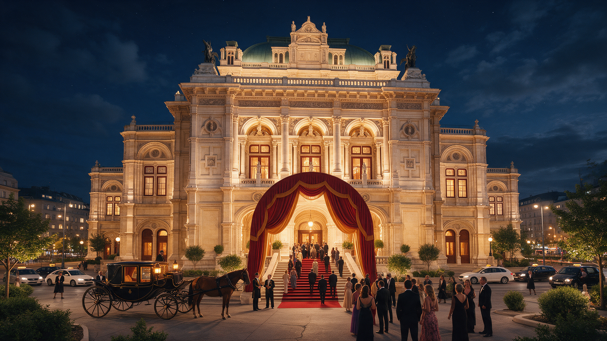 Vienna State Opera House illuminated at night with visitors arriving in evening dress