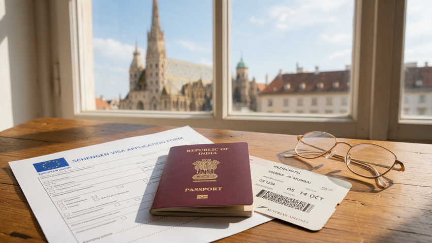 Indian passport, Schengen visa application, and boarding pass on a desk with Vienna's St. Stephen's Cathedral visible in the background