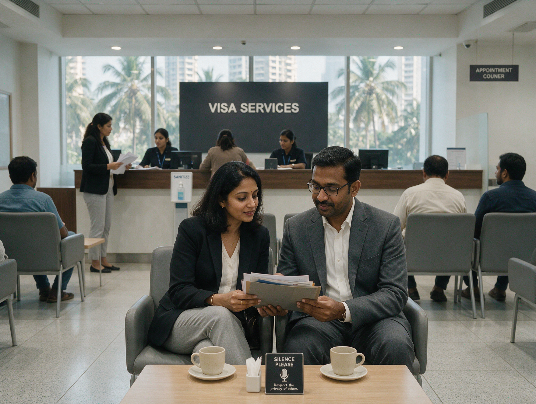 Indian travelers reviewing documents at a visa application center before their Austria Schengen visa appointment