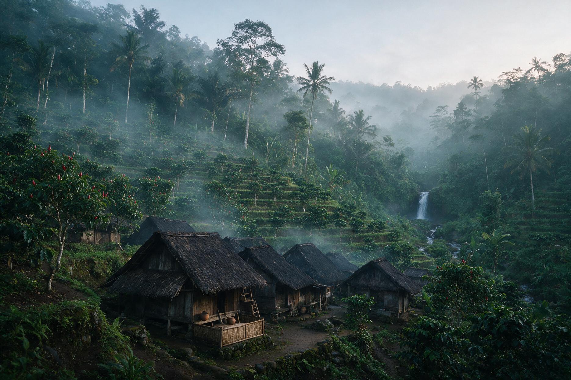 Misty hillside village in Munduk, North Bali, with coffee and clove plantation terraces at dawn