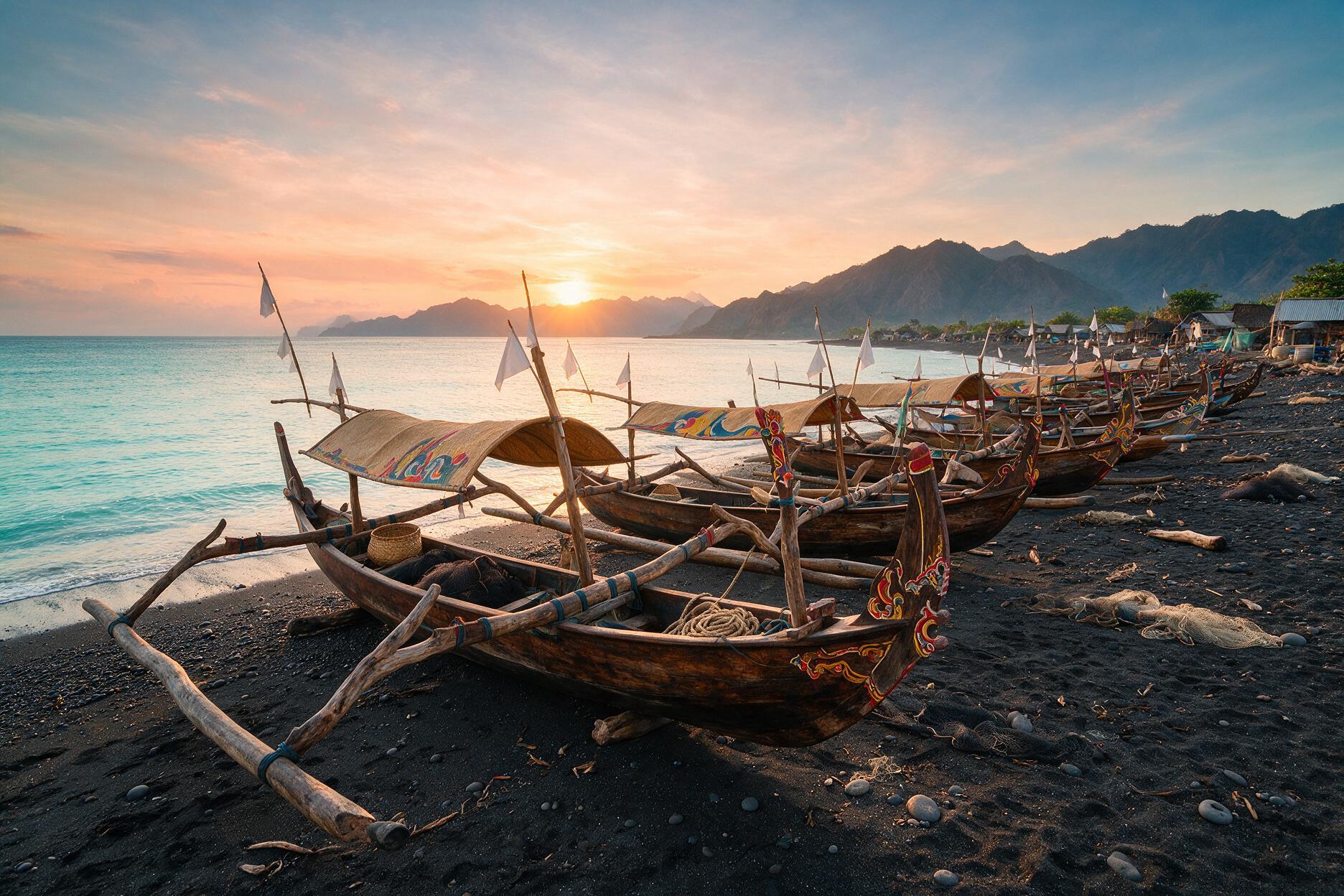 Traditional jukung fishing boats on a black sand beach in Amed, East Bali, at sunrise