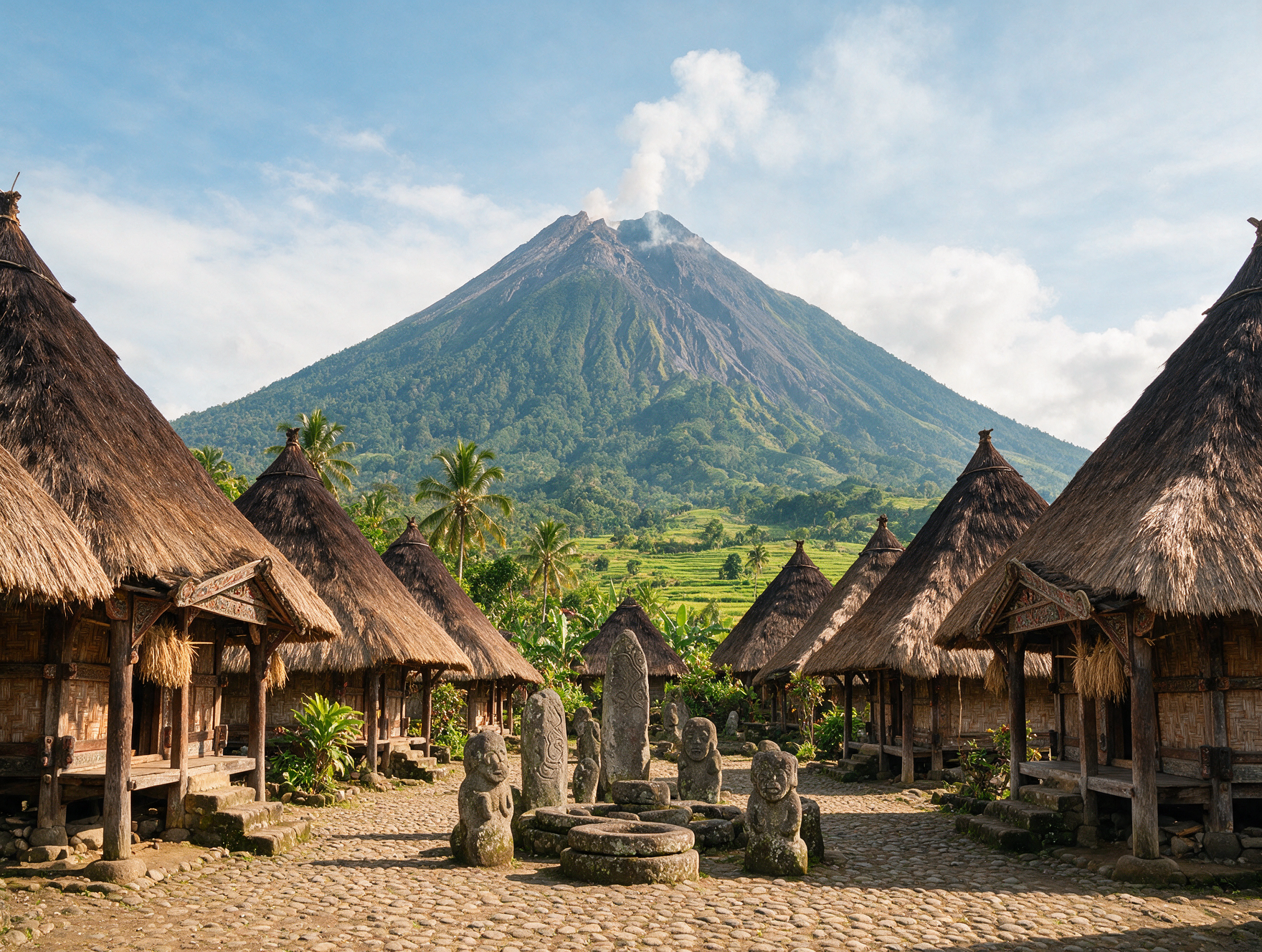 Traditional Ngada village of Bena with thatched houses and ancestral megaliths near Bajawa, Flores