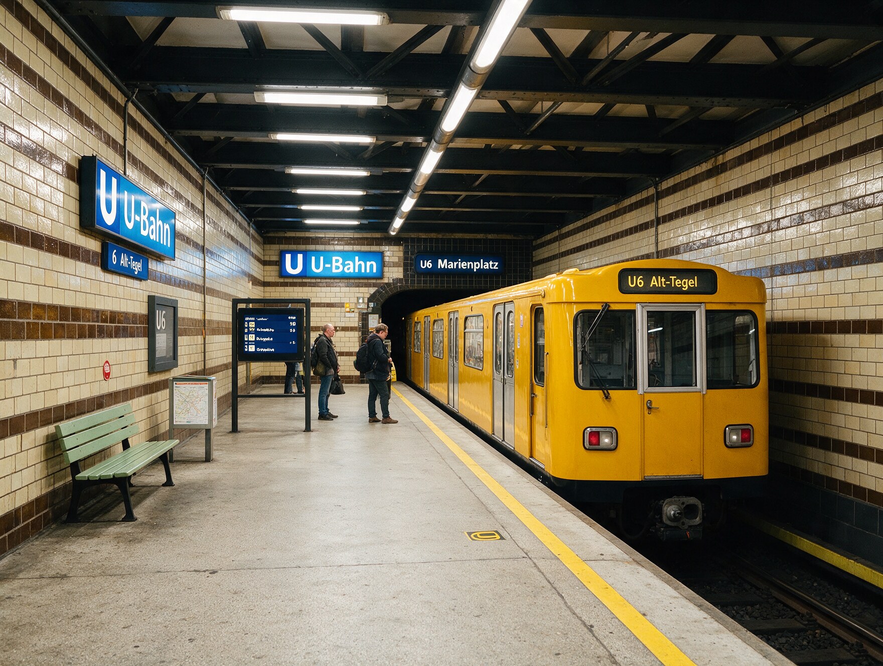 Yellow Berlin U-Bahn train arriving at a classic tiled underground platform