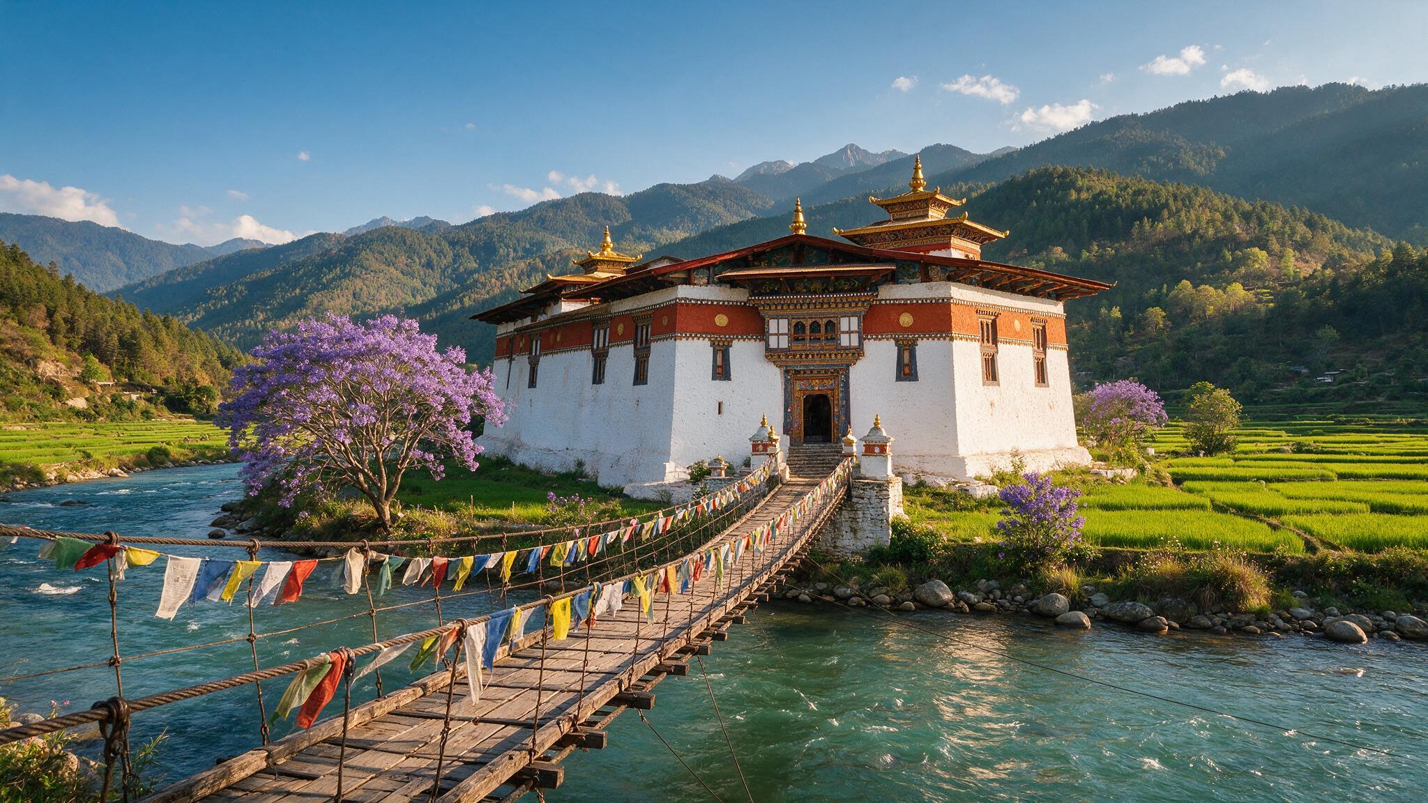 Punakha Dzong at the confluence of the Pho Chhu and Mo Chhu rivers with the prayer-flag draped suspension bridge in the foreground, Bhutan