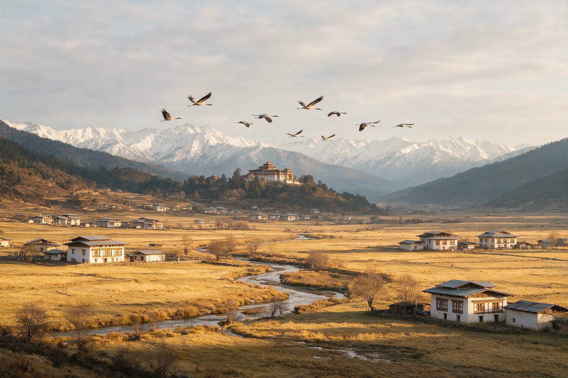 Phobjikha Valley in Bhutan with black-necked cranes over the marshland and Gangtey Monastery on the hillside