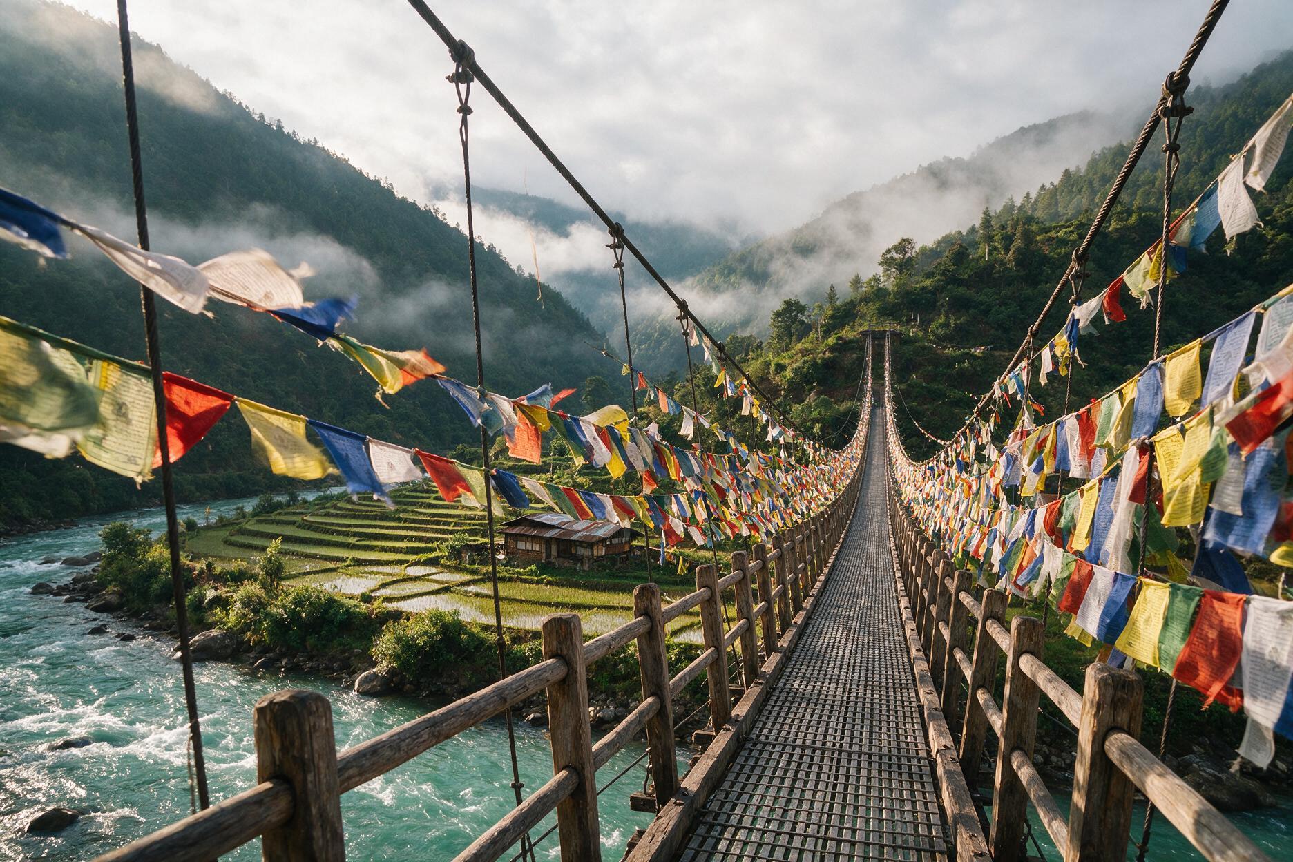 Punakha suspension bridge strung with prayer flags over the Mo Chhu river with rice terraces below, Bhutan