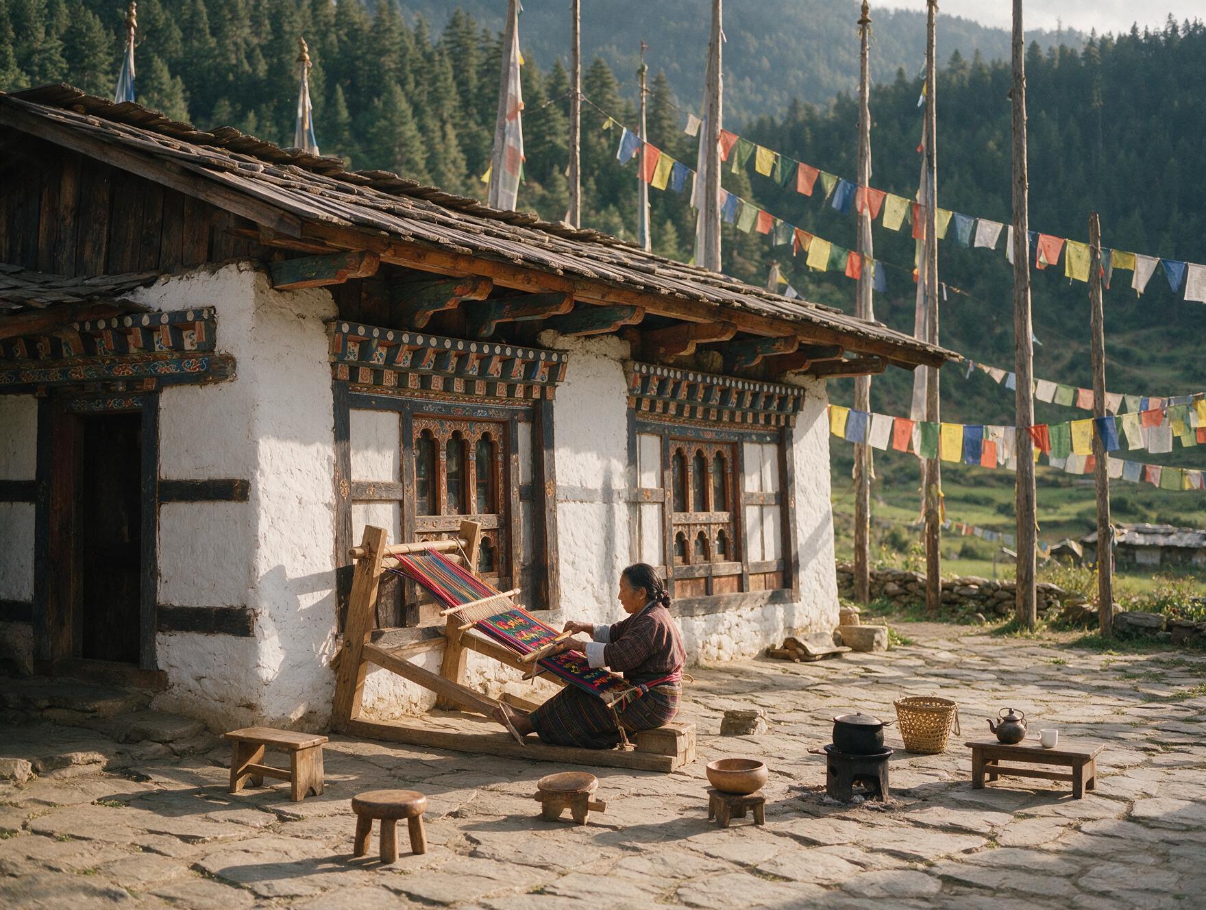 Traditional Bhutanese village scene with a woman weaving yathra wool textile outside a carved wooden farmhouse