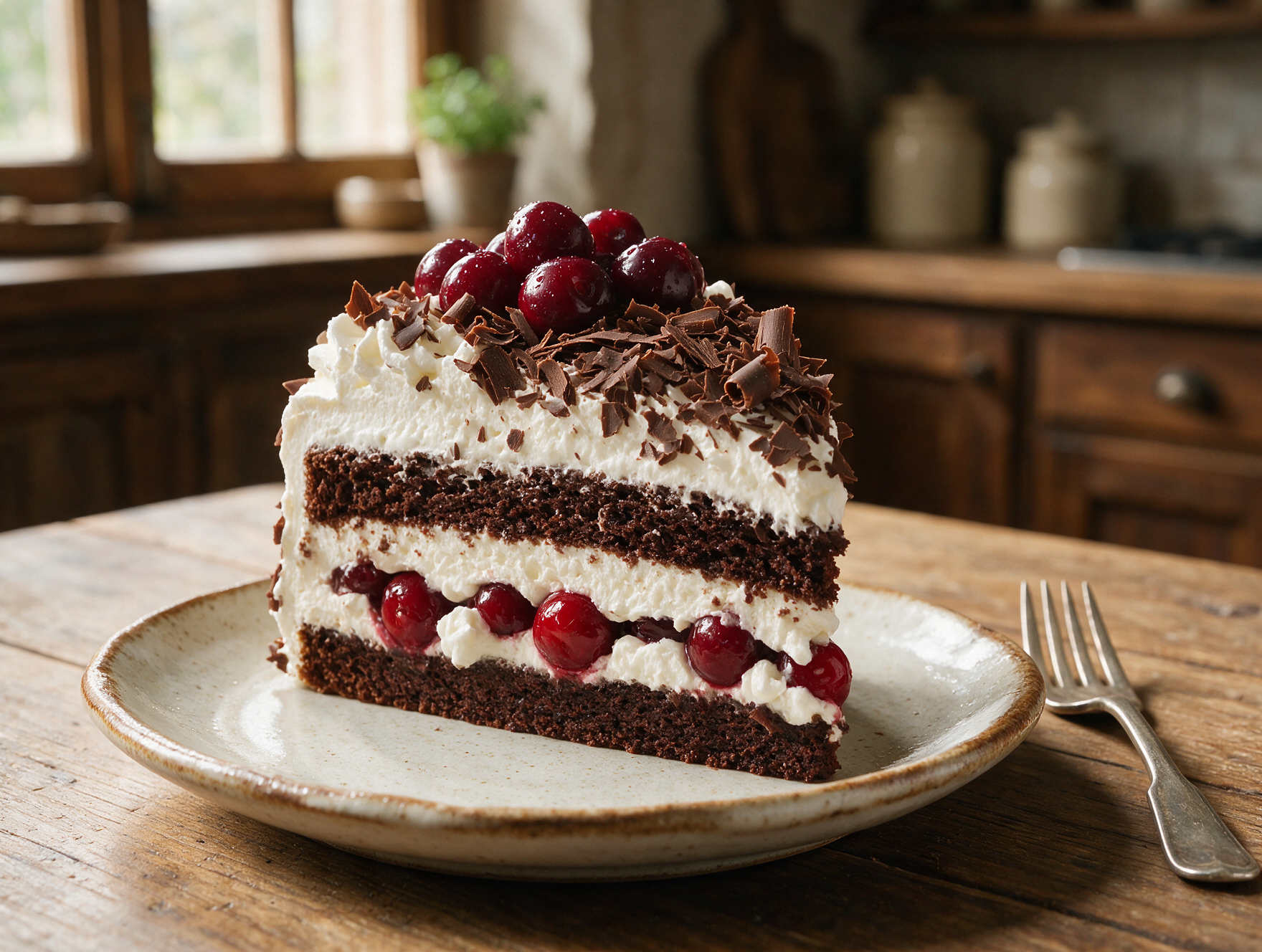 A slice of Black Forest cake showing chocolate sponge, whipped cream and cherries, with chocolate shavings on top